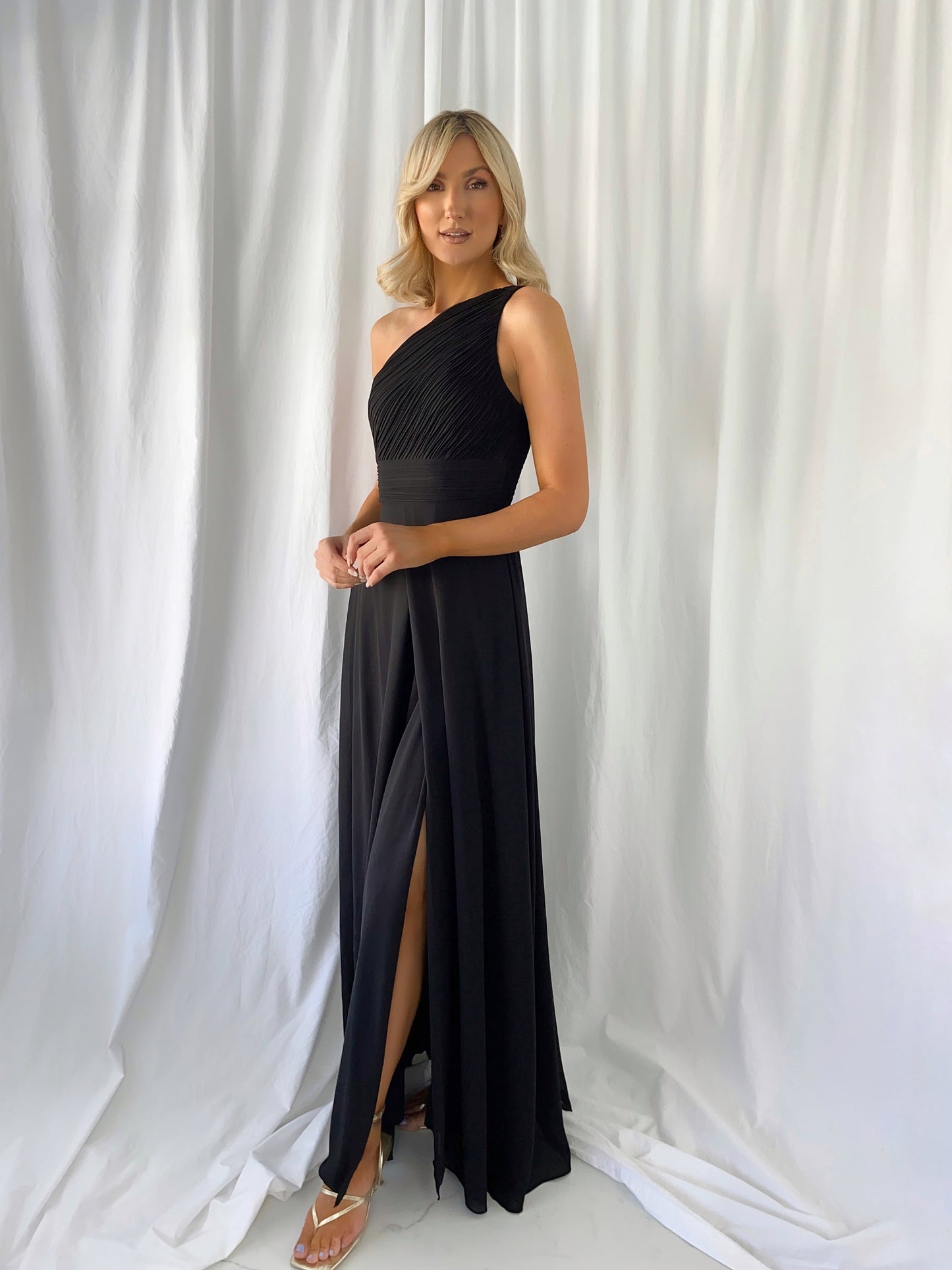 Tracy One Shoulder Draped Top Maxi Dress - Black