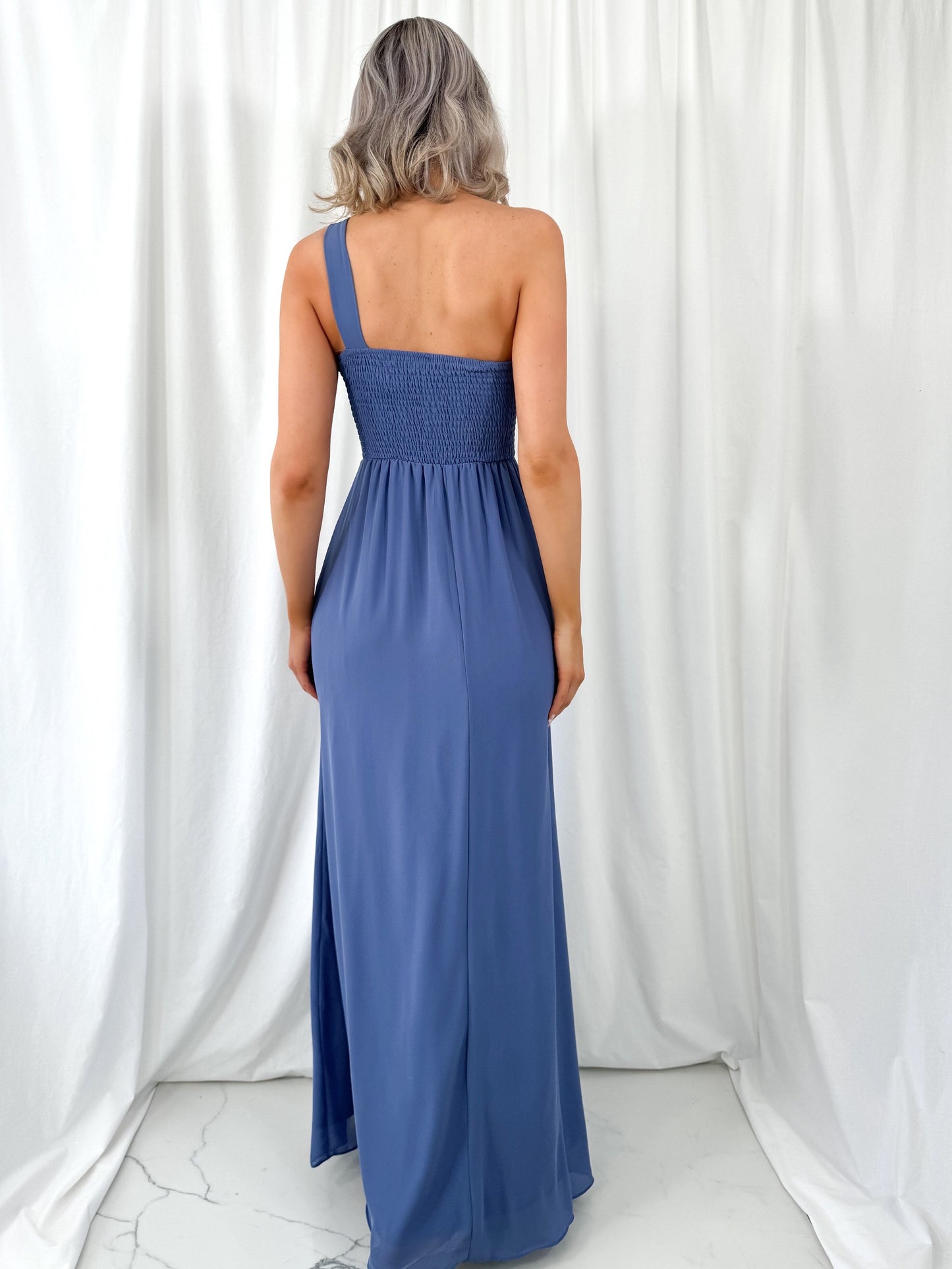 Tracy One Shoulder Draped Top Maxi Dress - Dusty Blue