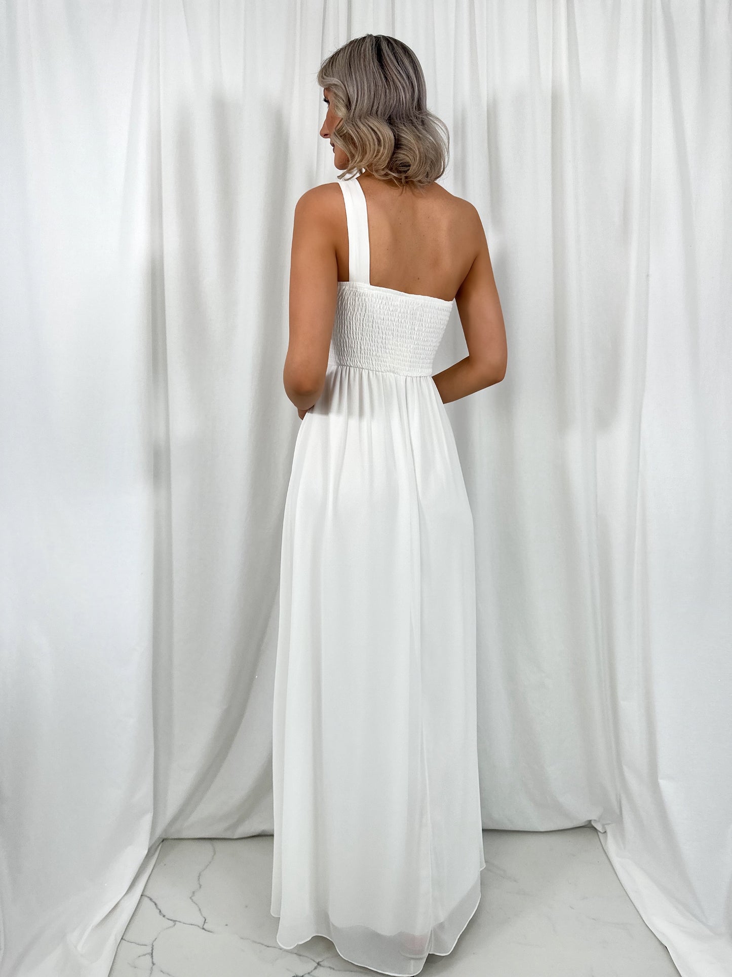 Tracy One Shoulder Draped Top Maxi Dress - White
