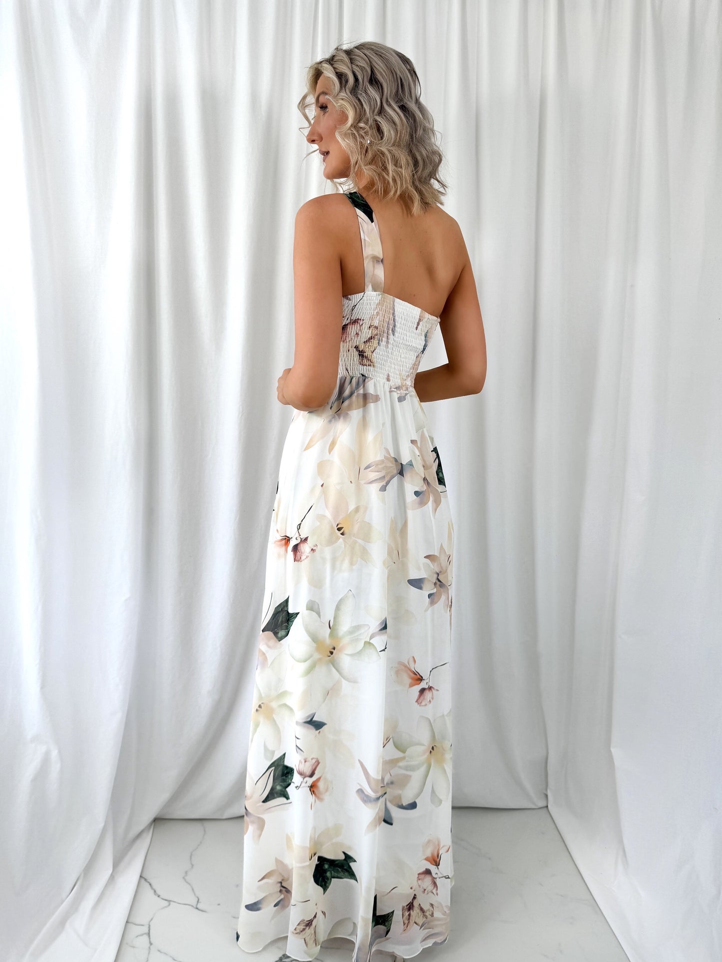 Ashley Maxi Dress with Draped One Shoulder Top - White