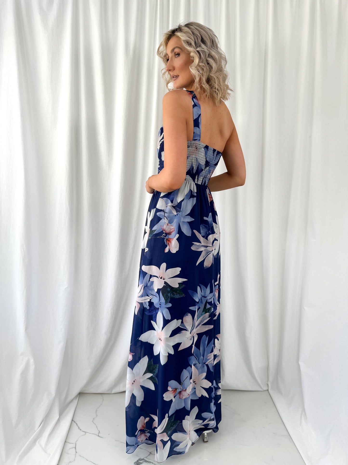 Ashley Maxi Dress with Draped One Shoulder Top - Navy