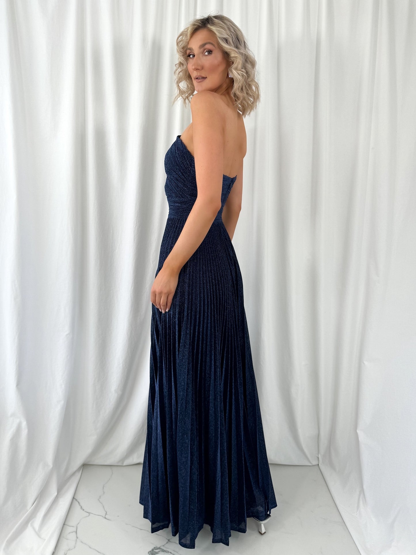 Coraly Bright Pleated Maxi Dress with Draped One Shoulder Top - Navy