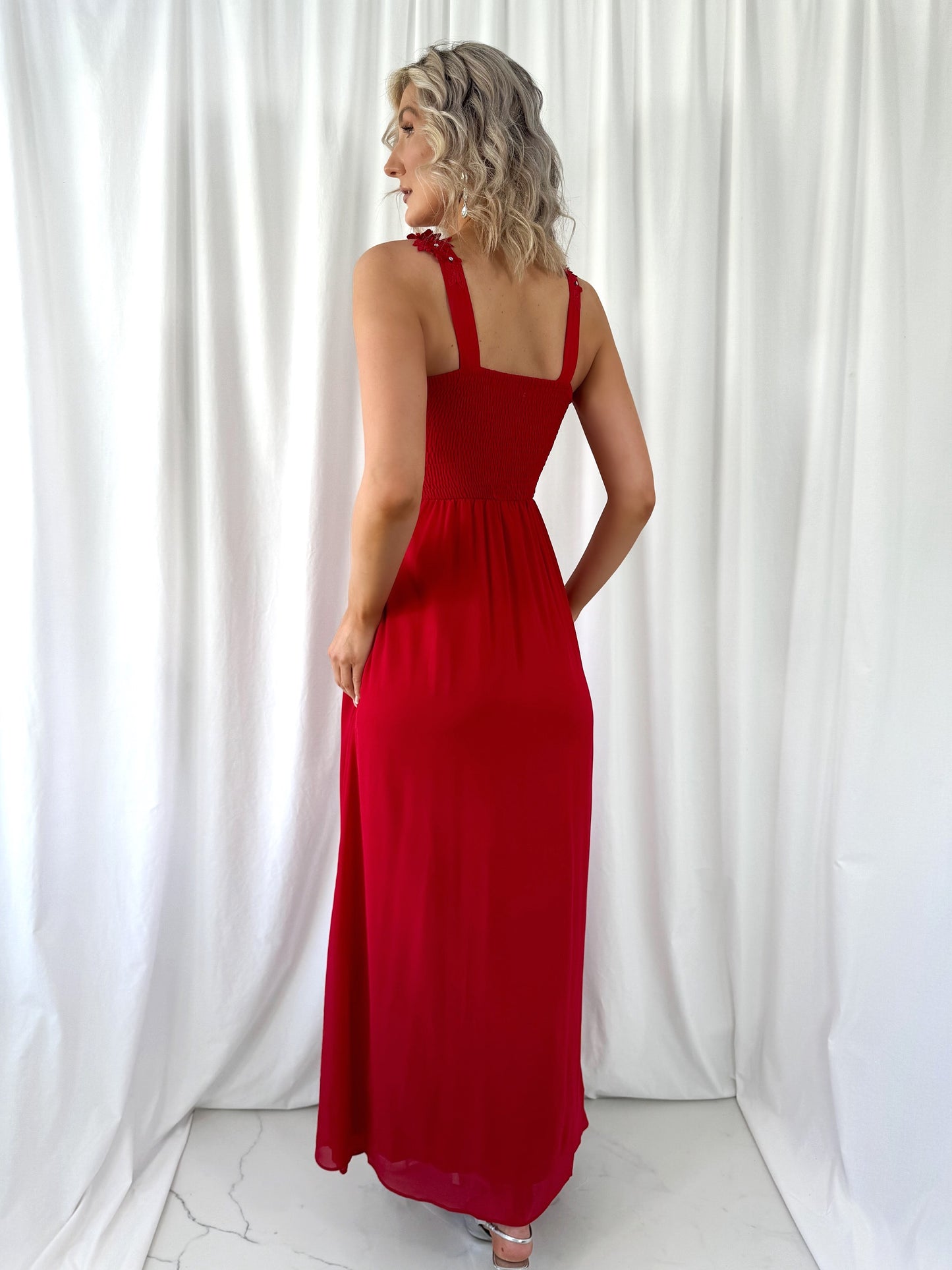 Cheryl Maxi Dress with Flowers Over The Shoulder - Red
