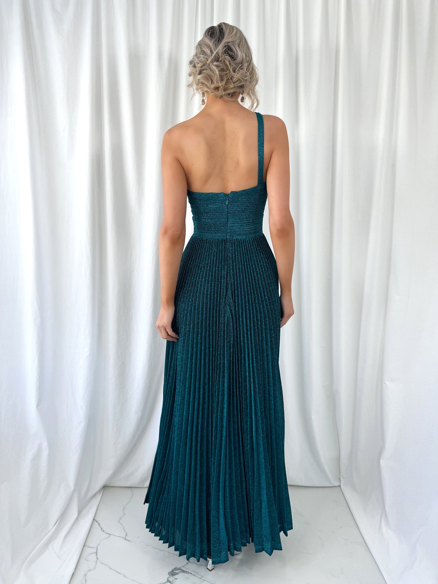 Coraly Bright Pleated Maxi Dress with Draped One Shoulder Top - Green