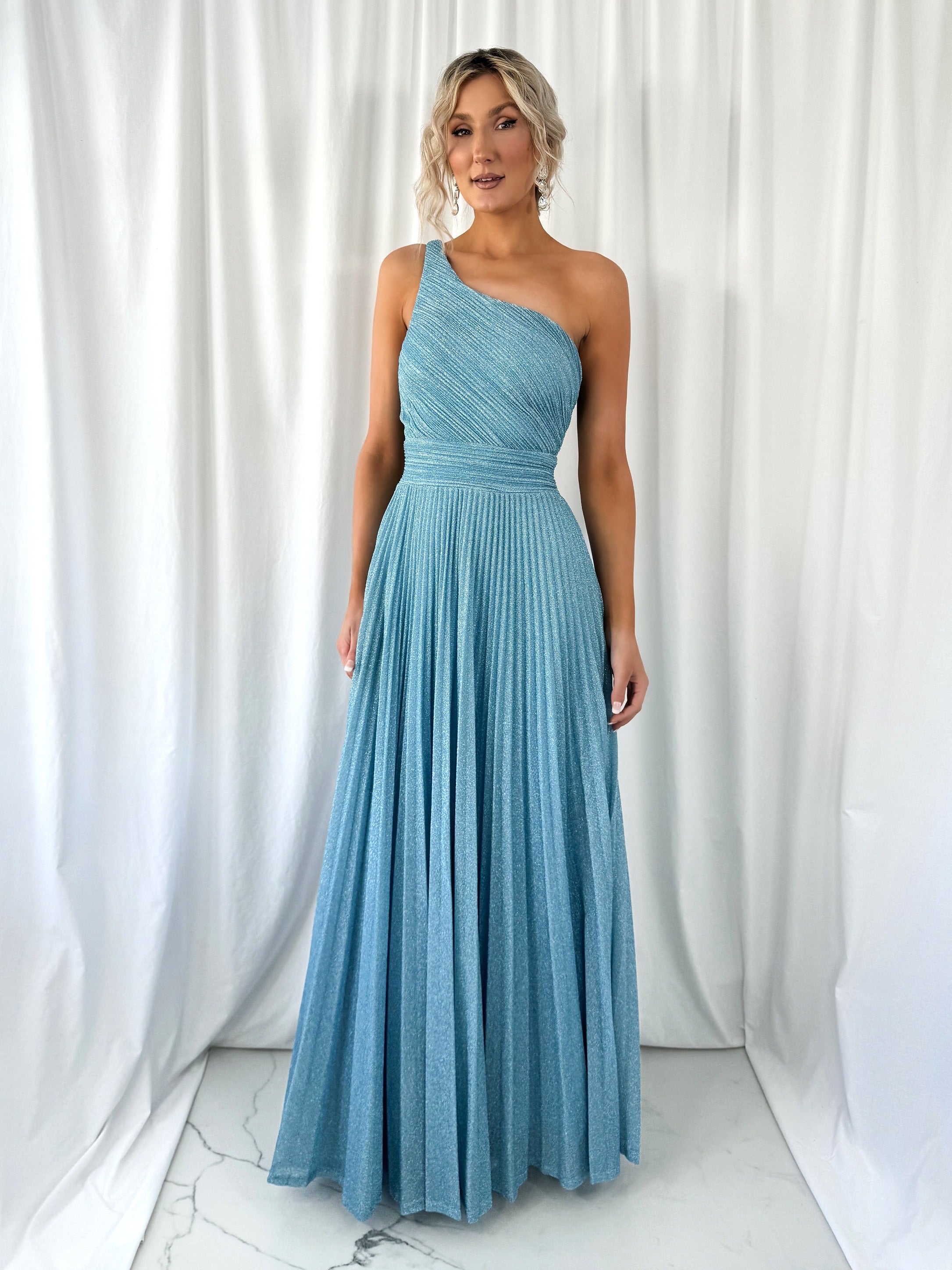 Coraly Bright Pleated Maxi Dress with Draped One Shoulder Top - Light mykindofdress Coraly Bright Pleated Maxi Dress with Draped One Shoulder Top - Light mykindofdress