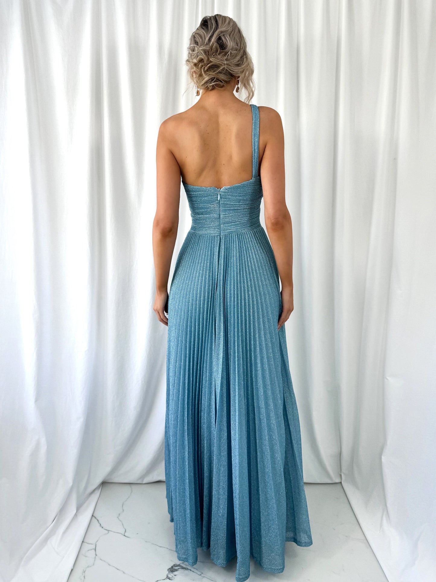 Coraly Bright Pleated Maxi Dress with Draped One Shoulder Top - Light Blue