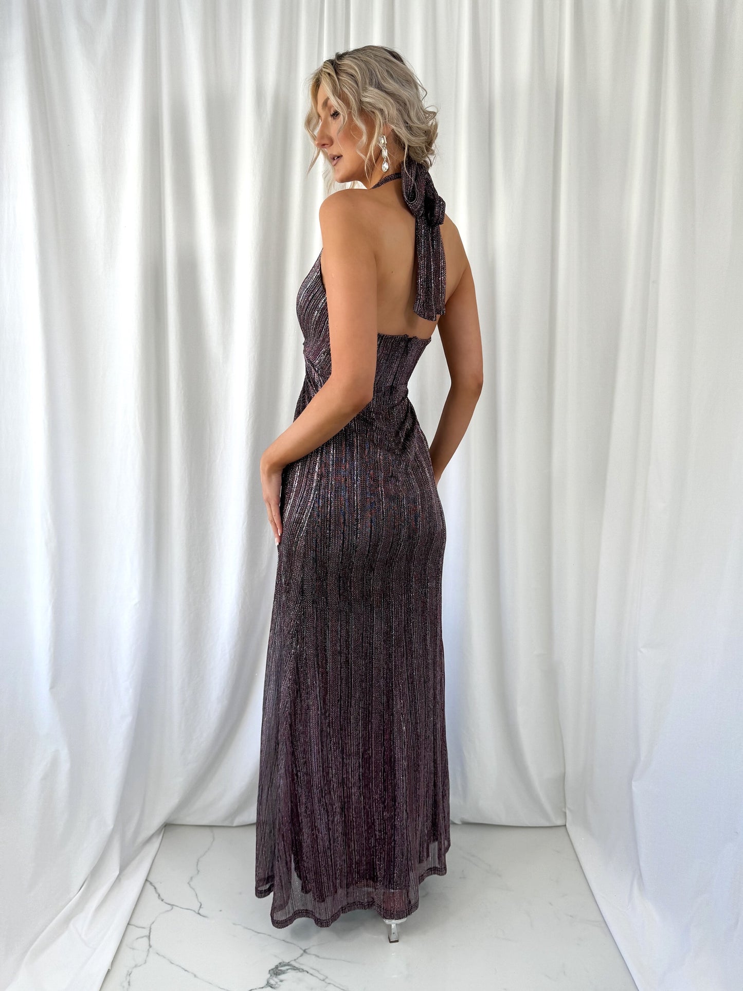 Christine Halter Neck Maxi Dress with Front Open Slit - Pink