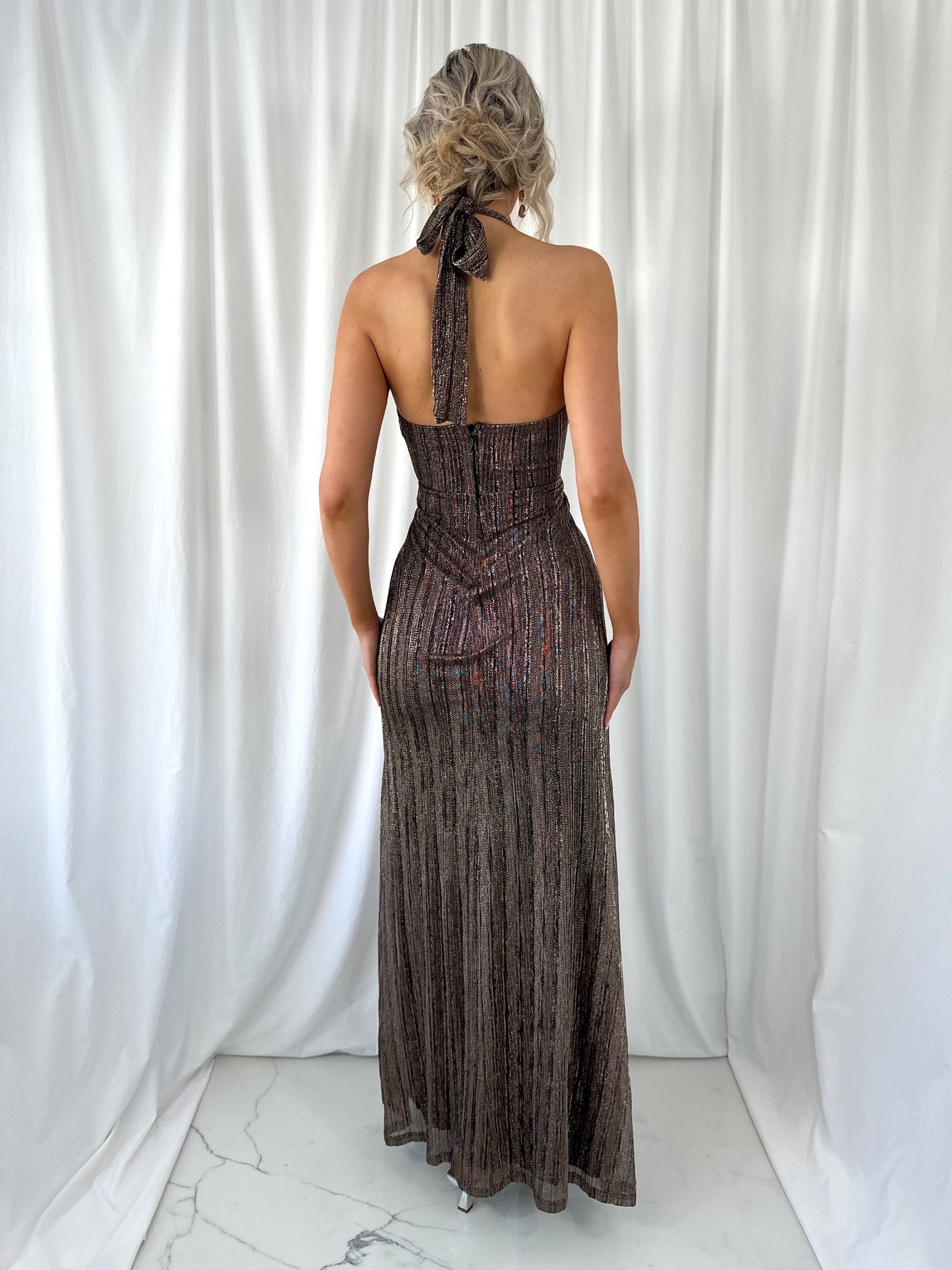 Christine Halter Neck Maxi Dress with Front Open Slit - Gold