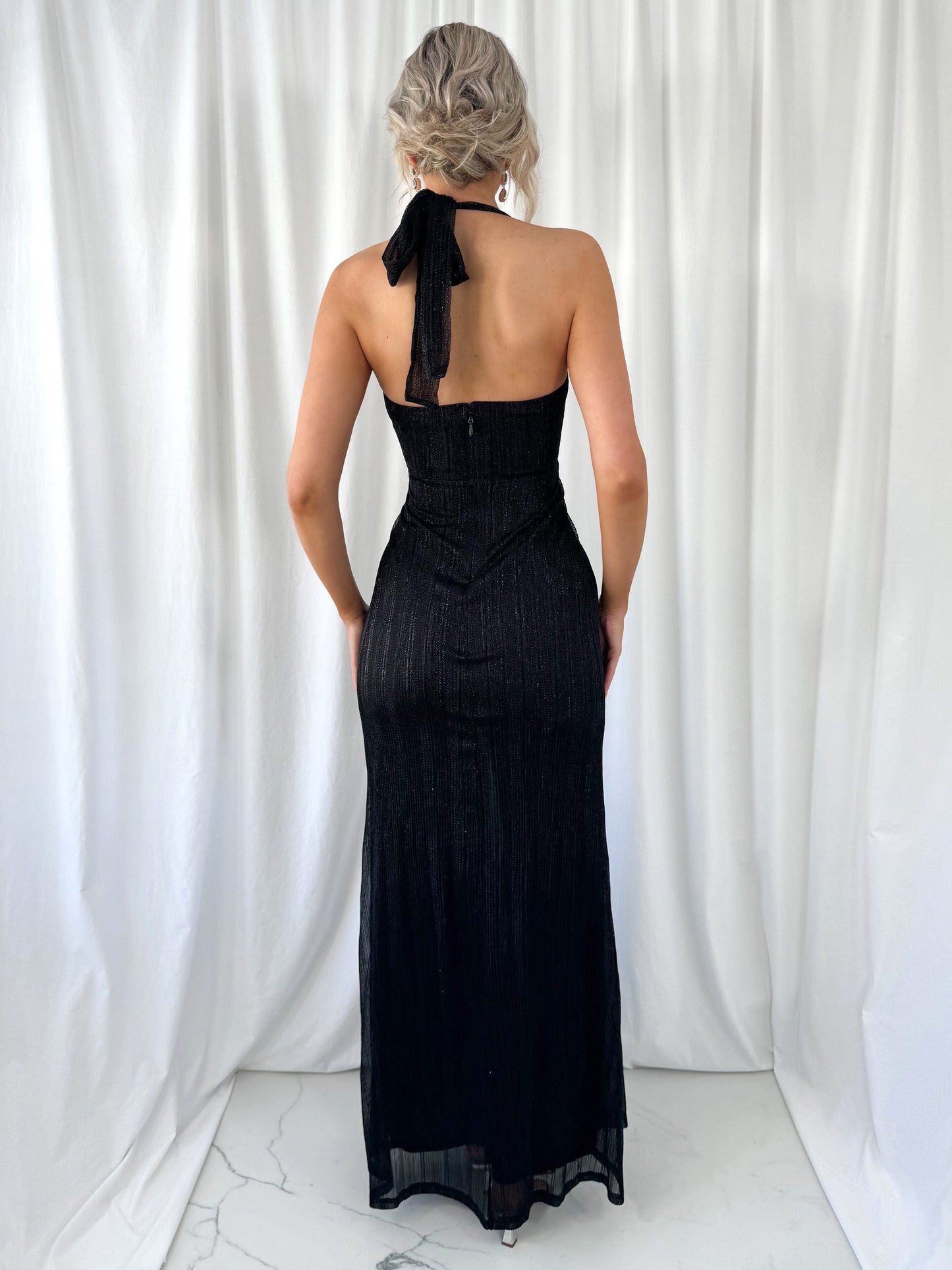 Christine Halter Neck Maxi Dress with Front Open Slit - Black