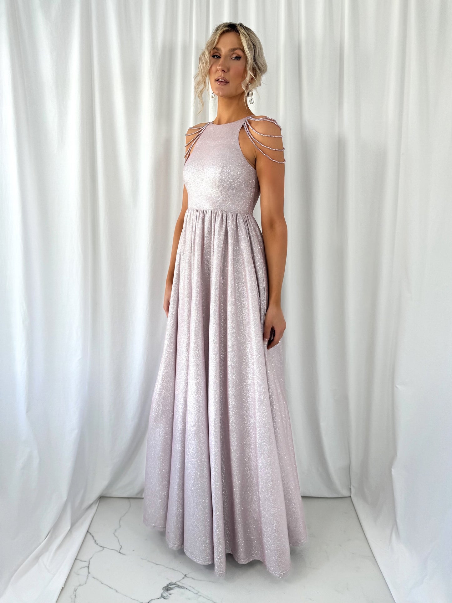 Annabelle Maxi Bright Dress with Chains Over The Shoulder - Rose