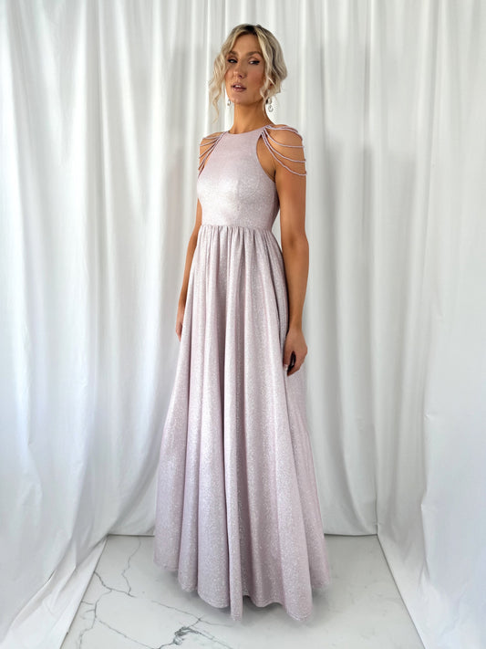 Annabelle Maxi Bright Dress with Chains Over The Shoulder - Rose