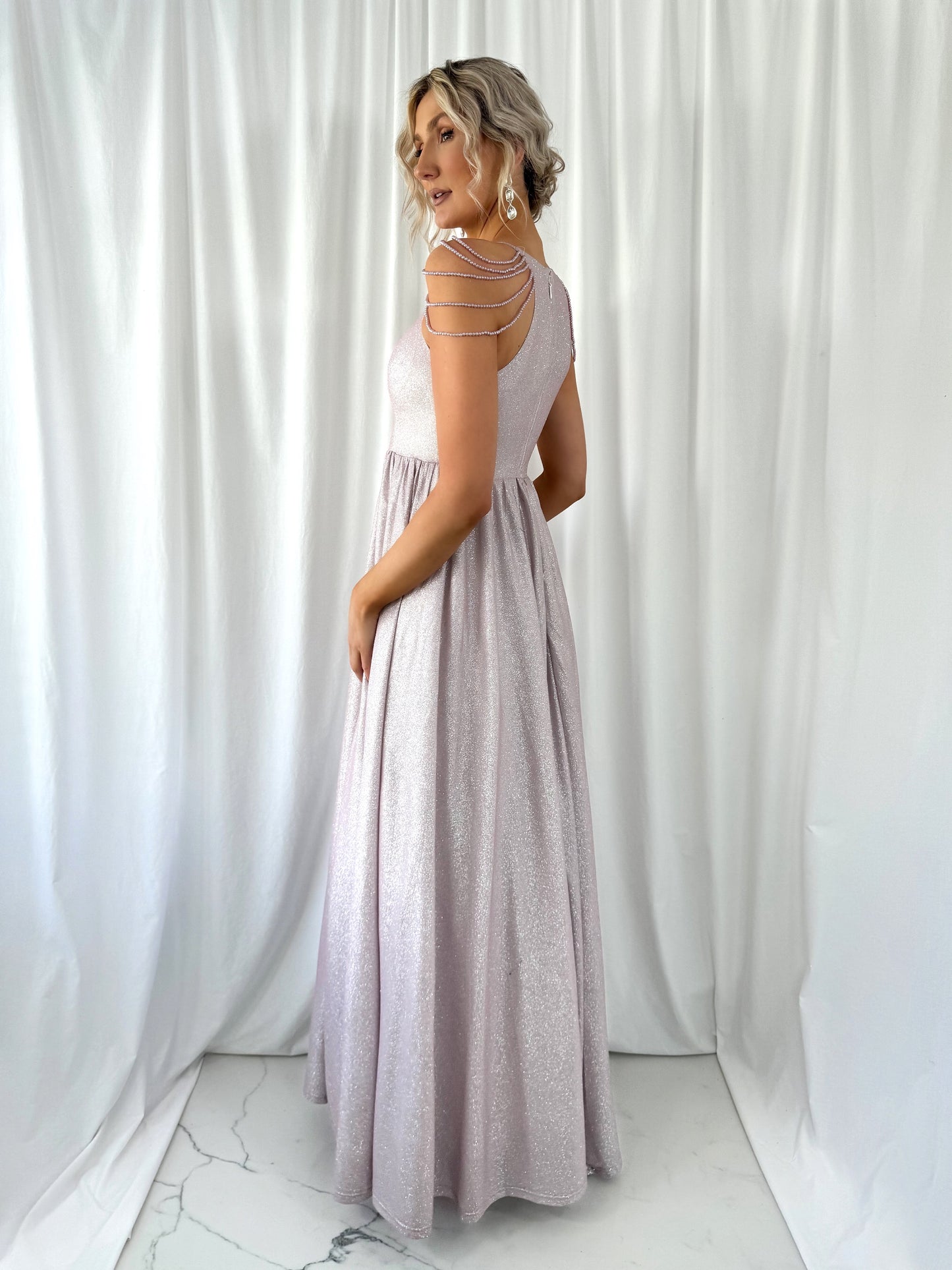 Annabelle Maxi Bright Dress with Chains Over The Shoulder - Rose