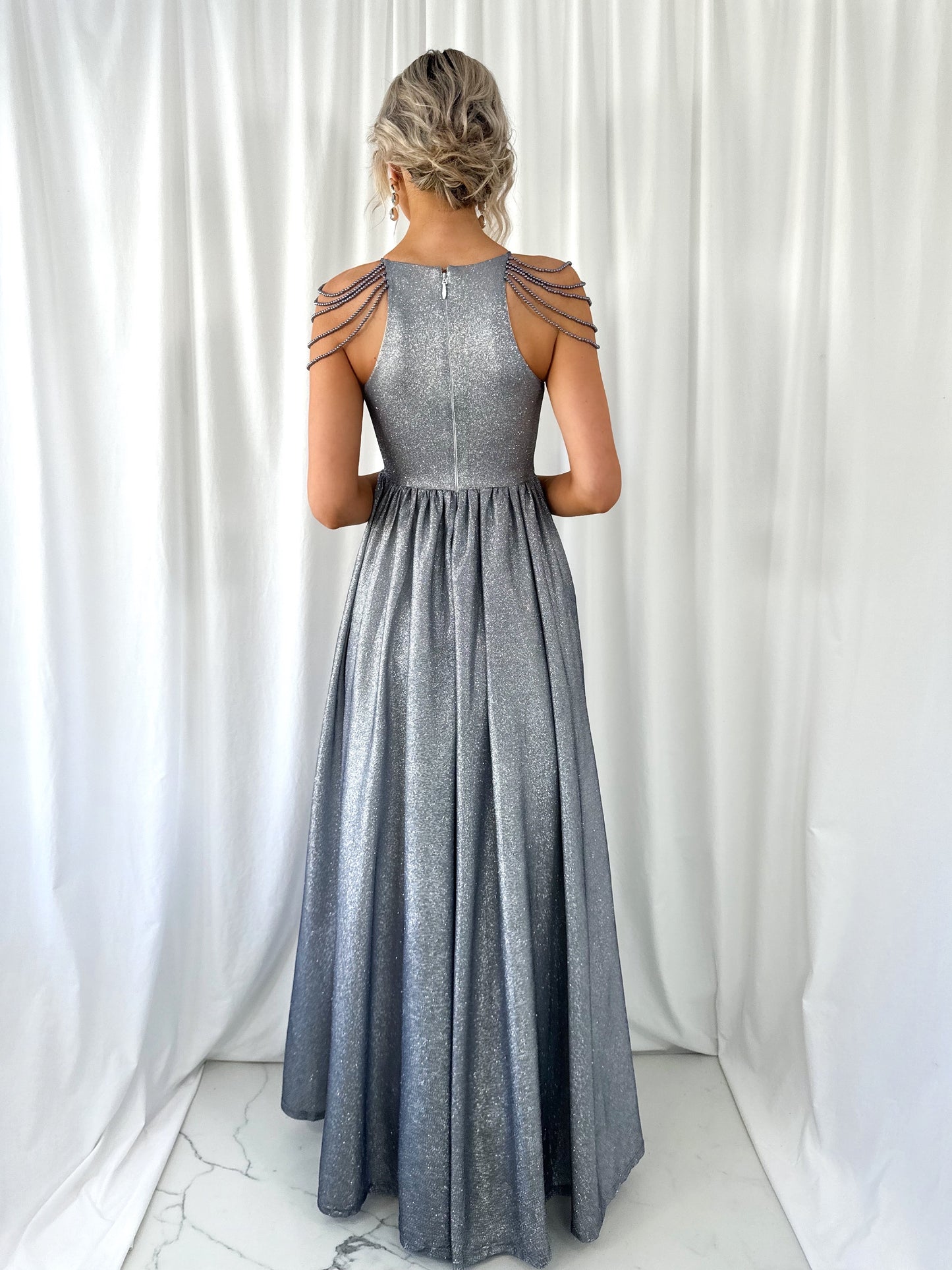 Annabelle Maxi Bright Dress with Chains Over The Shoulder - Black
