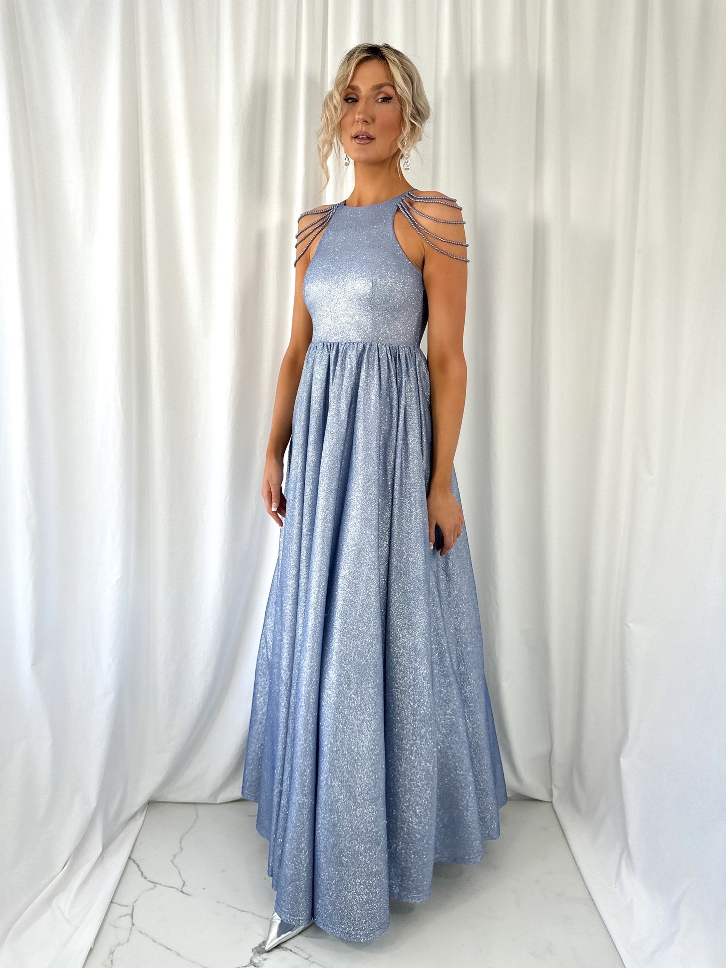 Annabelle Maxi Bright Dress with Chains Over The Shoulder - Blue