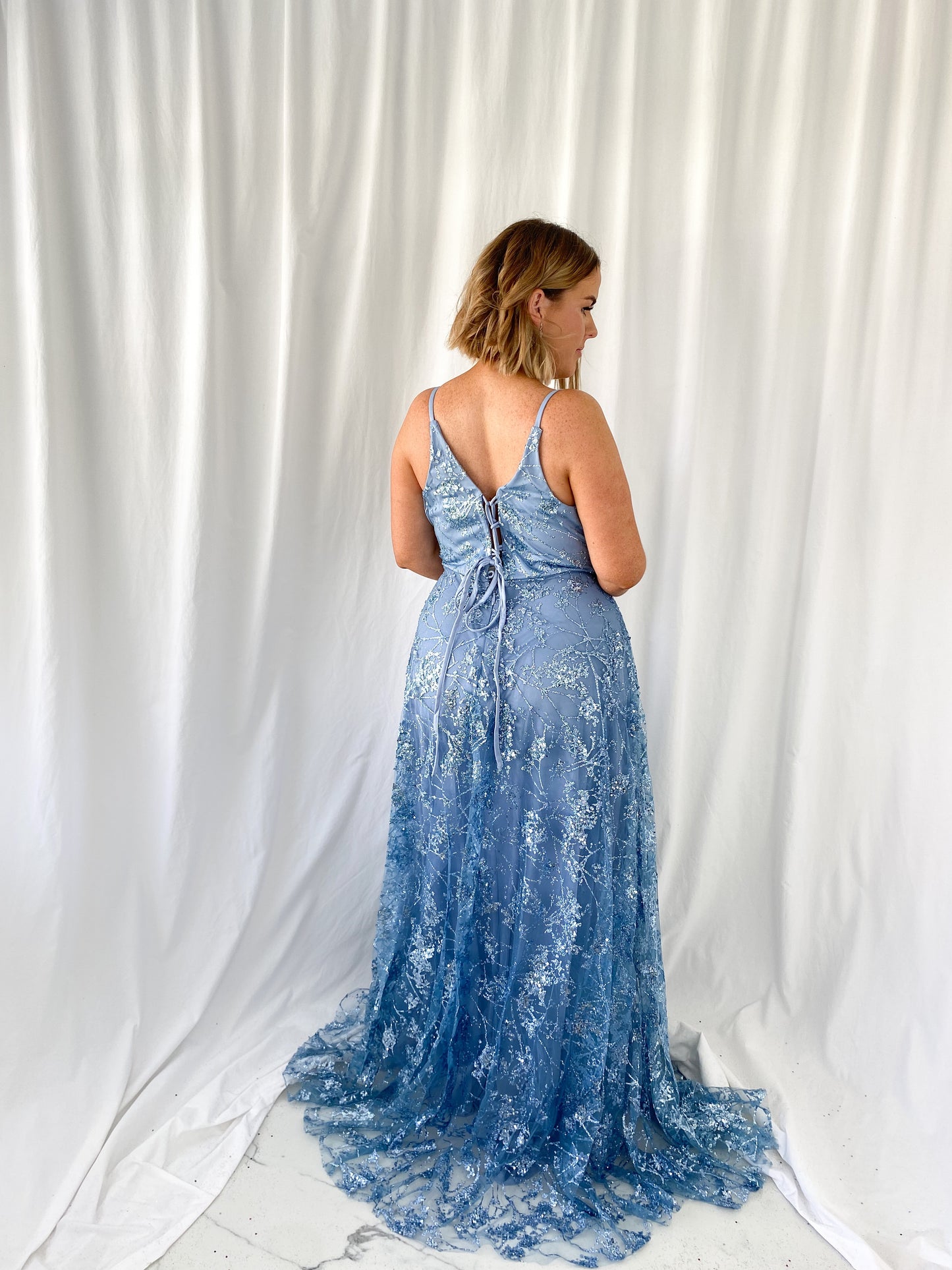 Lena Embroidered Sheer Maxi Dress - Blue
