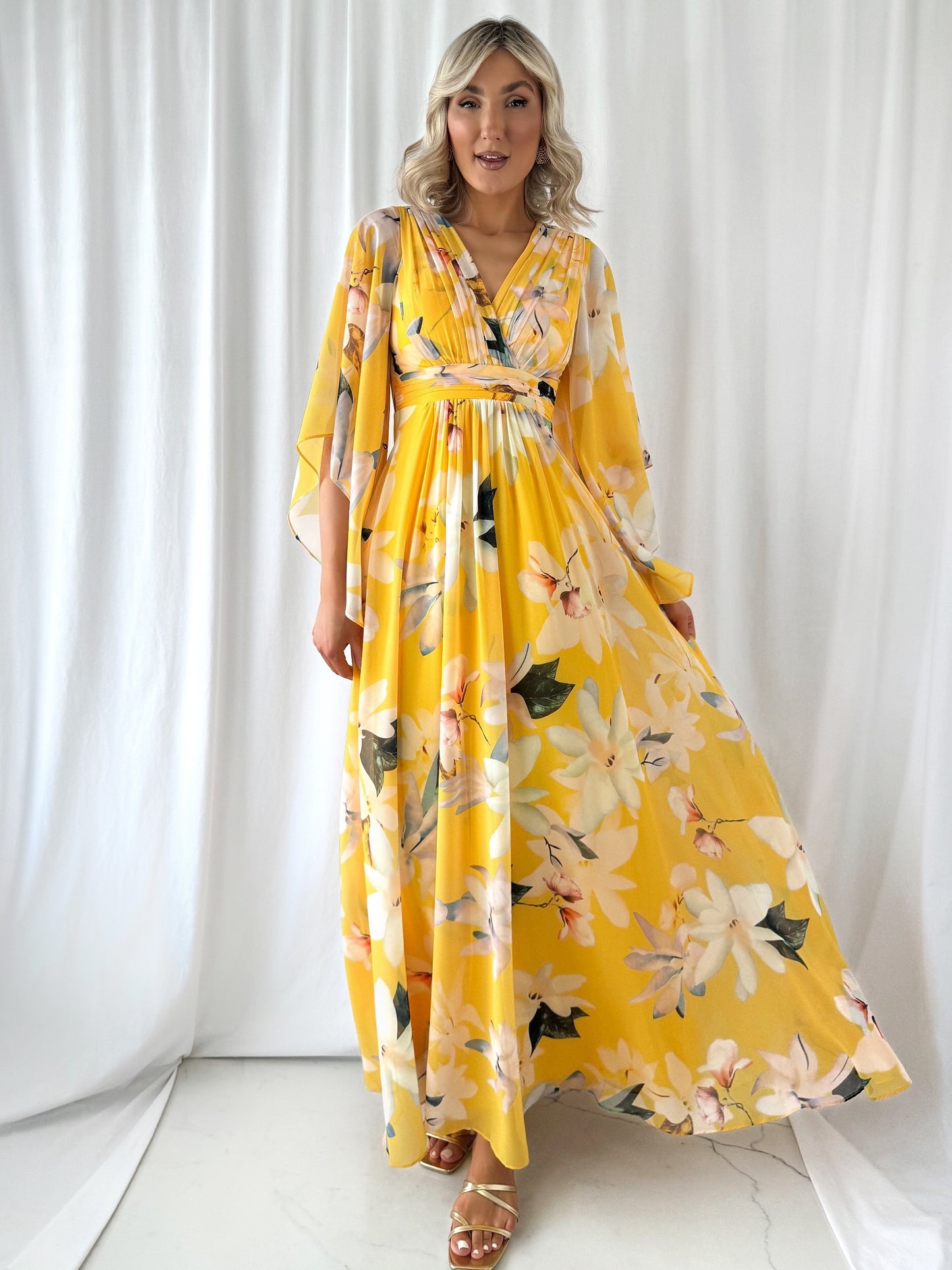 Natalia Maxi Floral Dress with Bell Sleeves - Yellow