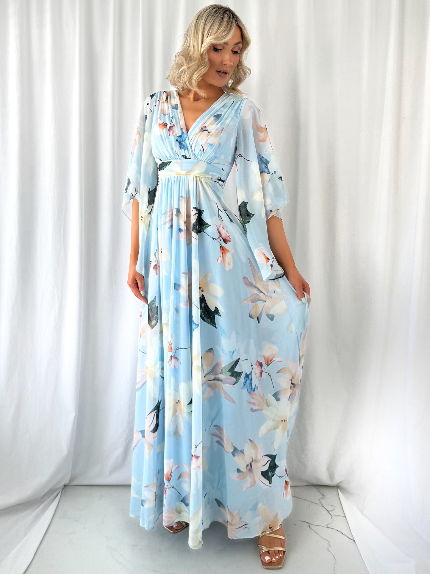 Natalia Maxi Floral Dress with Bell Sleeves - Light Blue