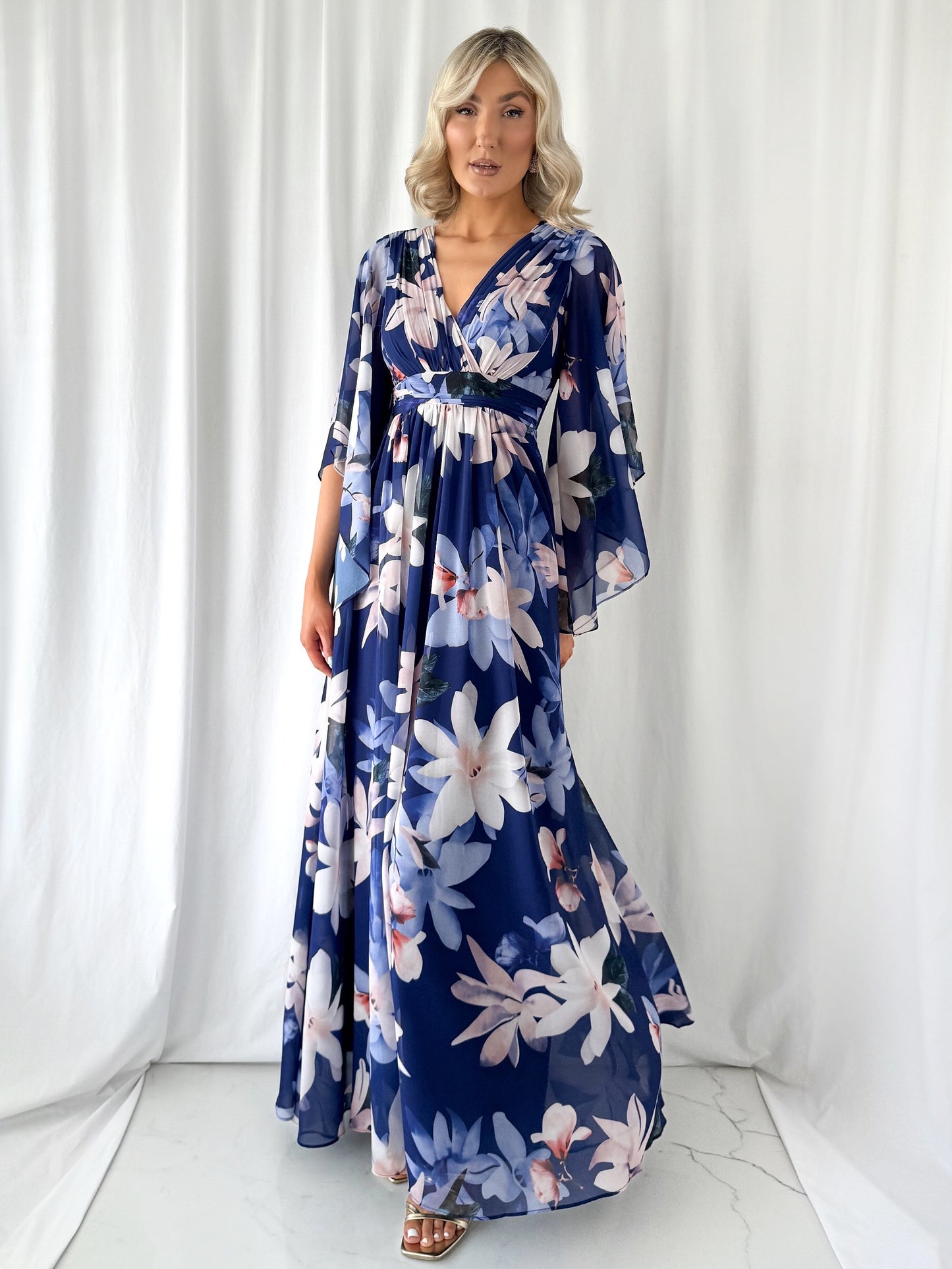 Natalia Maxi Floral Dress with Bell Sleeves - Navy