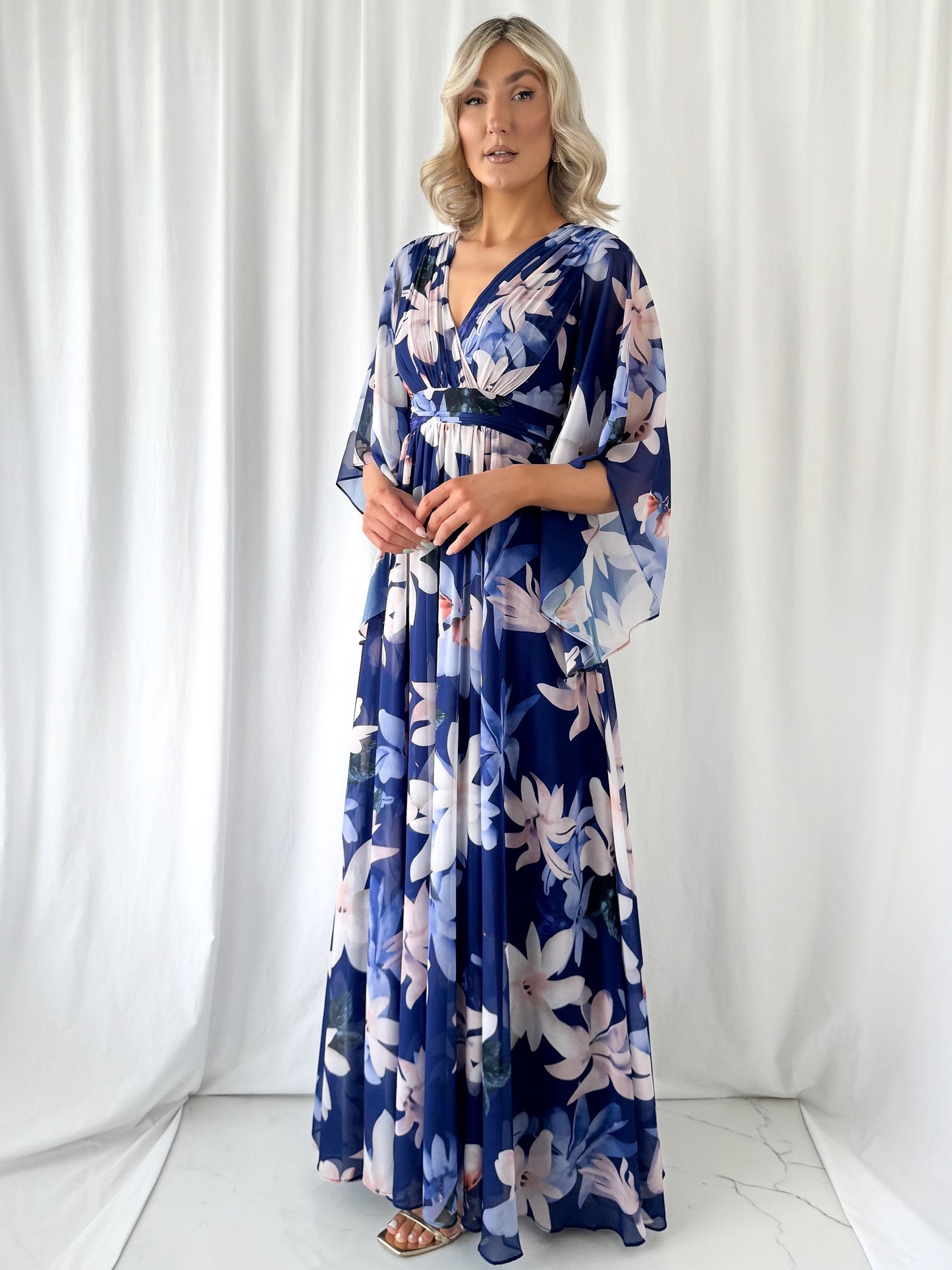 Natalia Maxi Floral Dress with Bell Sleeves - Navy