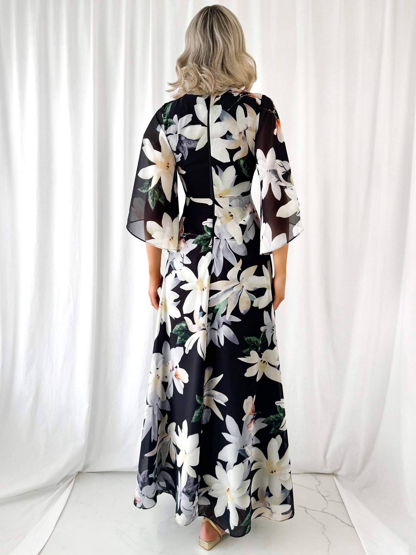 Natalia Maxi Floral Dress with Bell Sleeves - Black