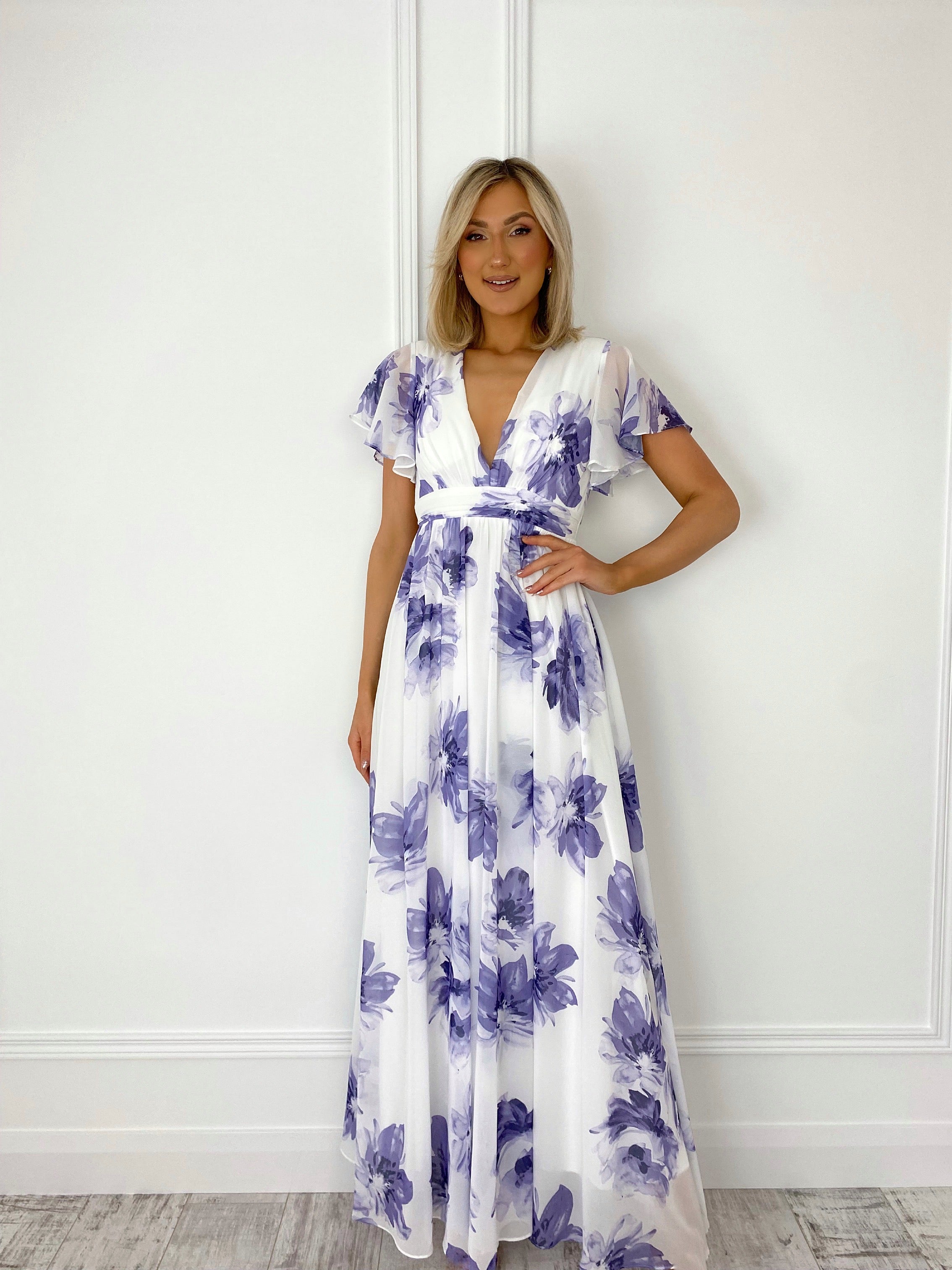 white and purple floral dress Textured Floral Purple Ruffle Dress in White