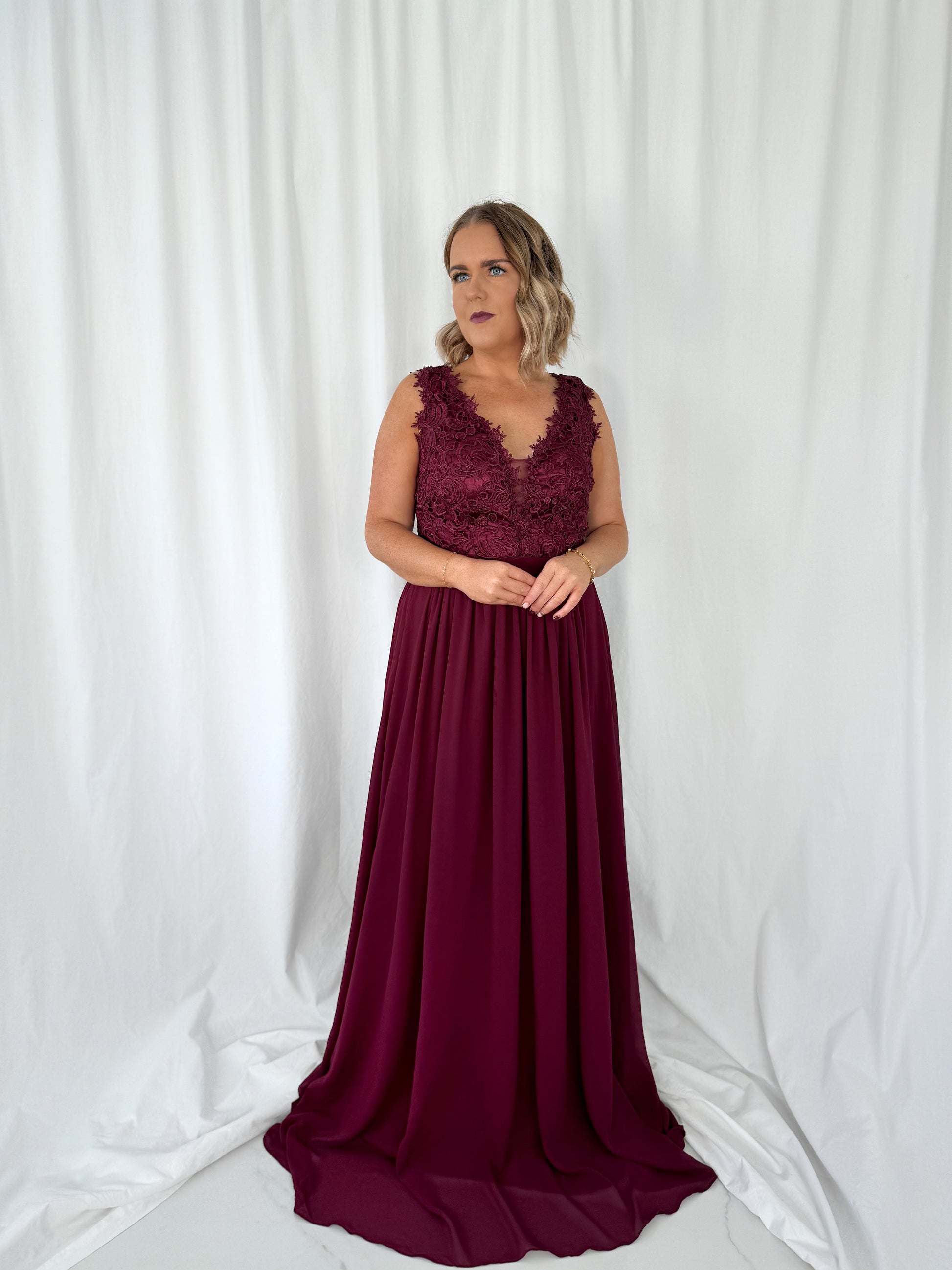 Telma Broderie Top Pleated Maxi Dress Wine - Main Image