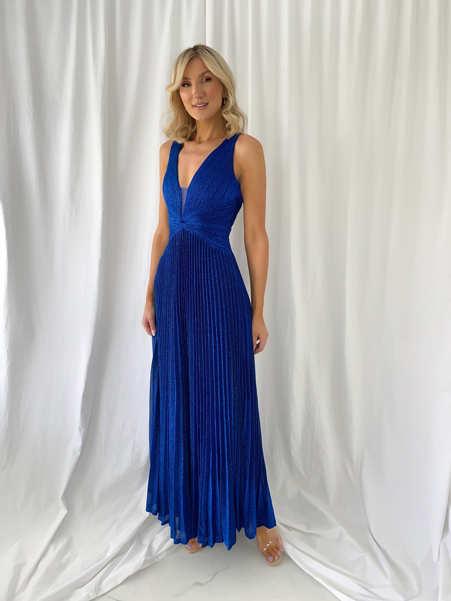 Madisson Pleated Maxi Glitter Dress - Royal Blue