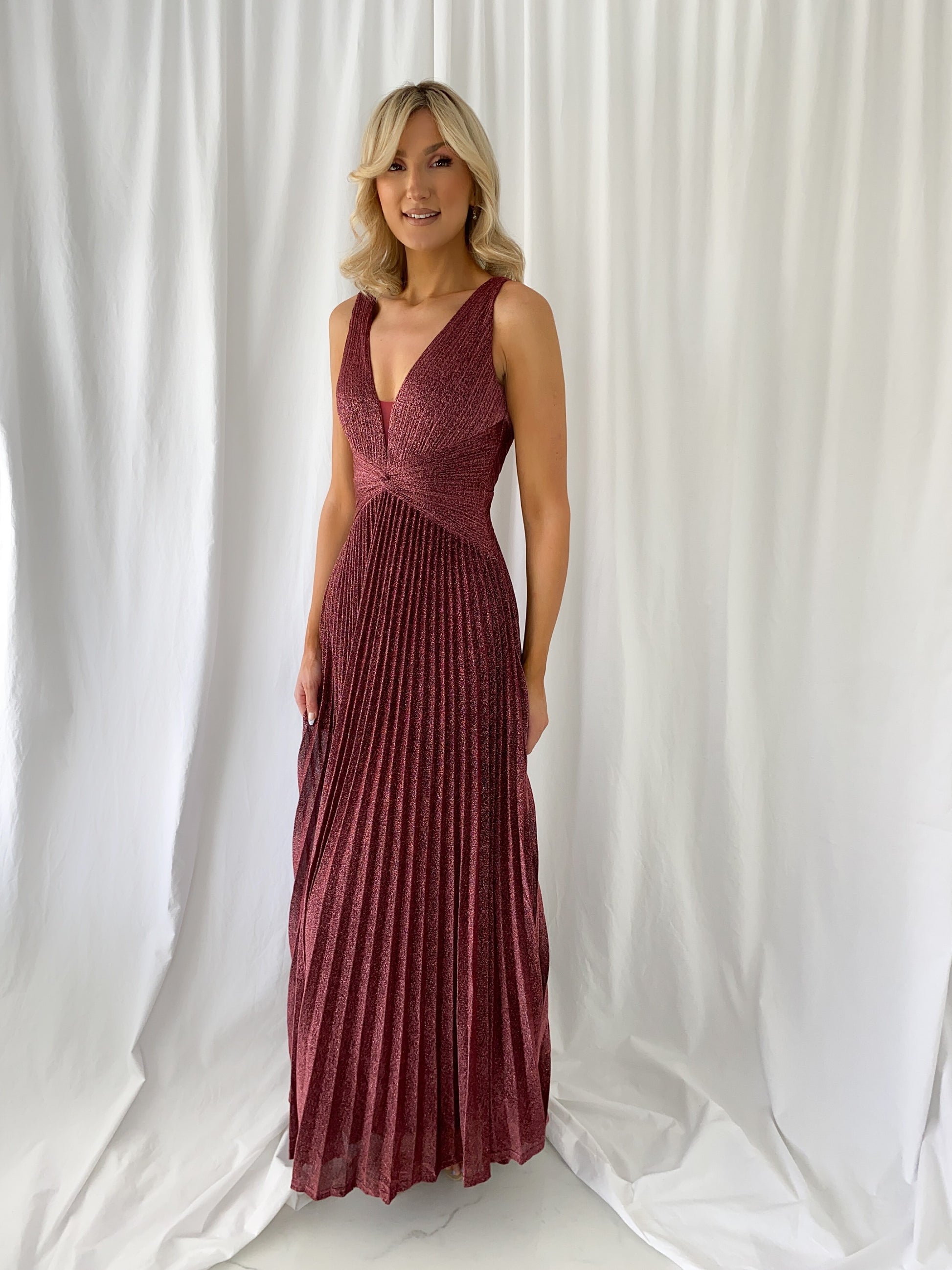 Madisson Pleated Maxi Glitter Dress - Burgundy mykindofdress Madisson Pleated Maxi Glitter Dress - Burgundy mykindofdress