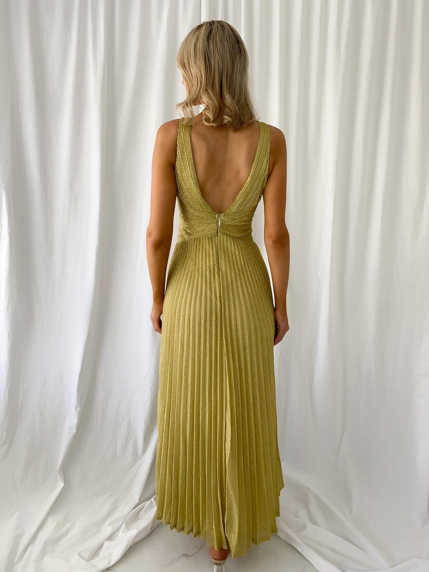 Madisson Pleated Maxi Glitter Dress - Gold