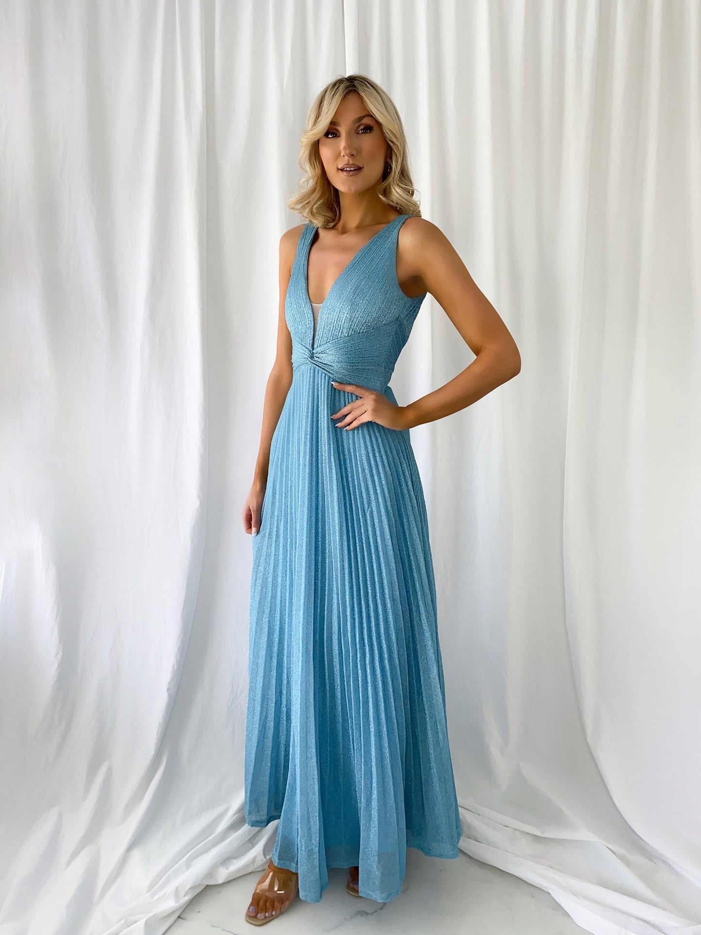 Madisson Pleated Maxi Glitter Dress - Sky Blue