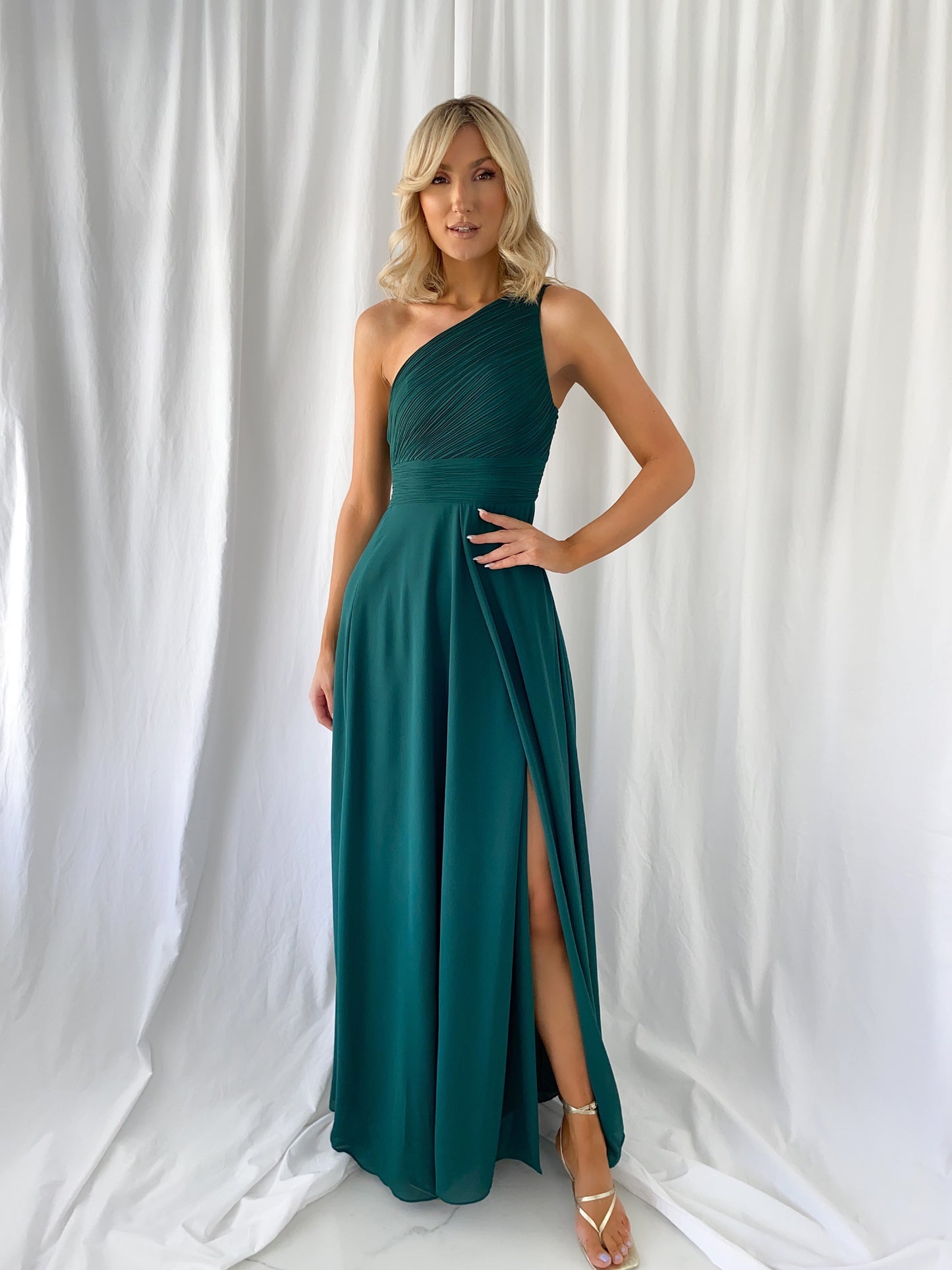 Tracy One Shoulder Draped Top Maxi Dress - Green