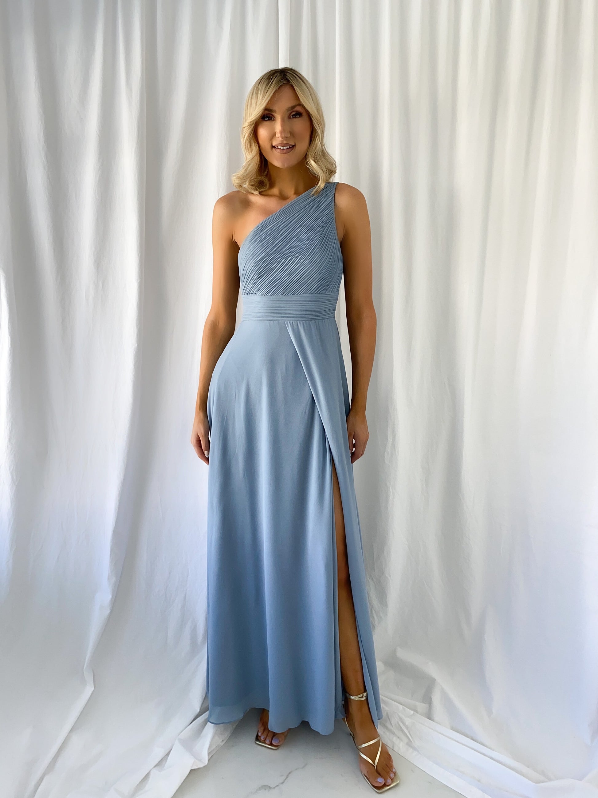 Tracy One Shoulder Draped Top Maxi Dress - Light Blue mykindofdress Tracy One Shoulder Draped Top Maxi Dress - Light Blue mykindofdress