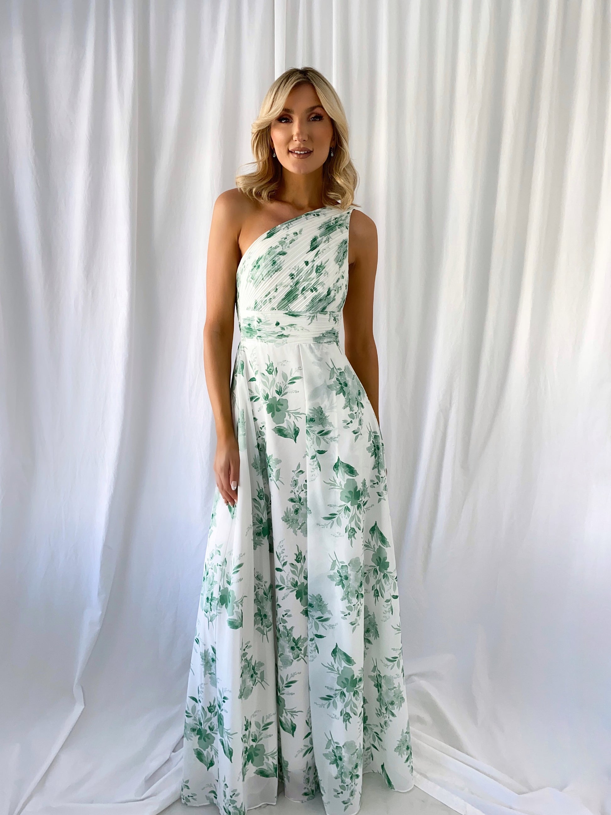 green dress with flowers on top Green Floral A-Line Applique Spaghetti Straps Long Prom Dress with Slit