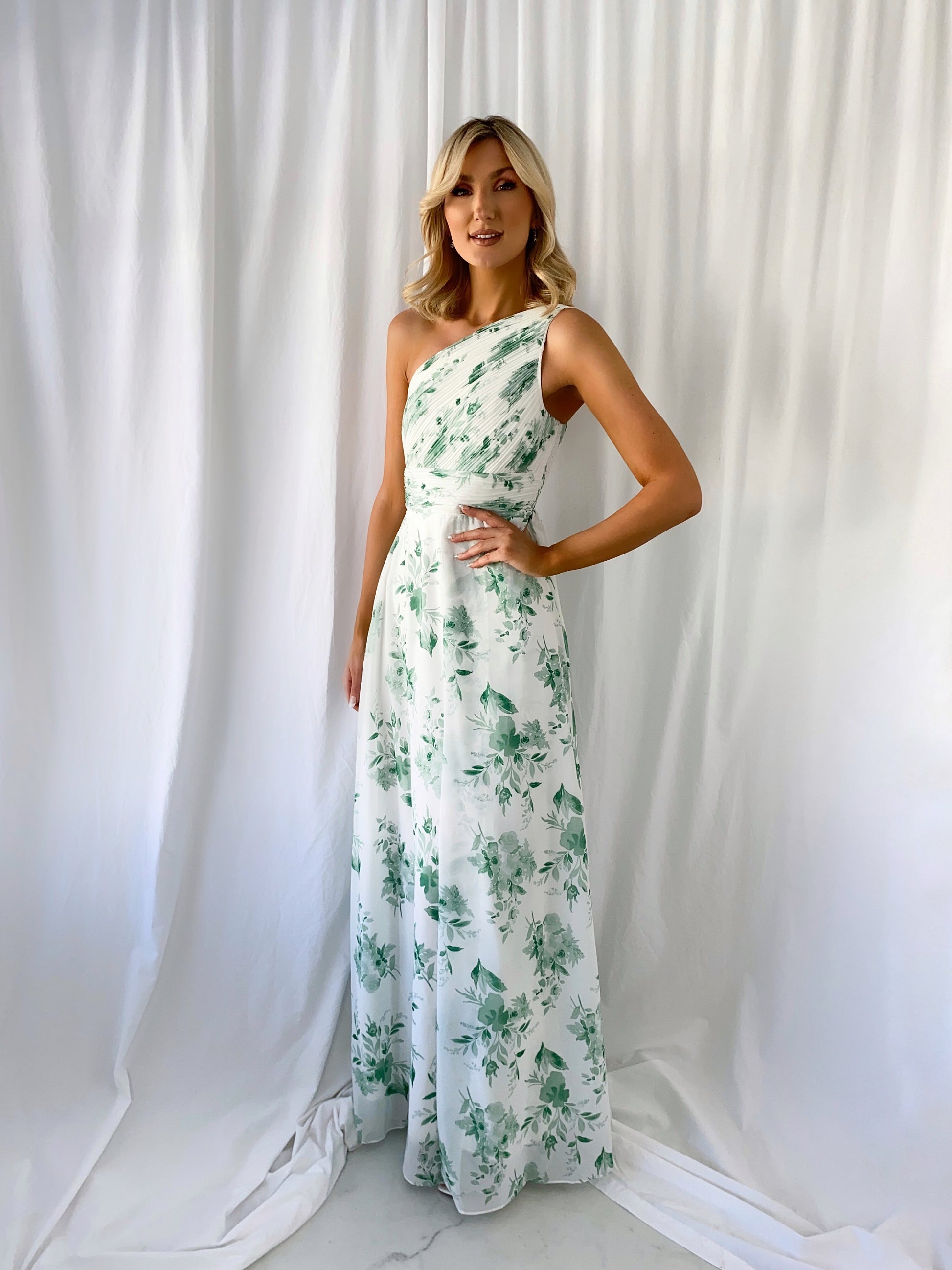 Stephanie One Shoulder Draped Top Floral Dress - Green Stephanie One Shoulder Draped Top Floral Dress - Green