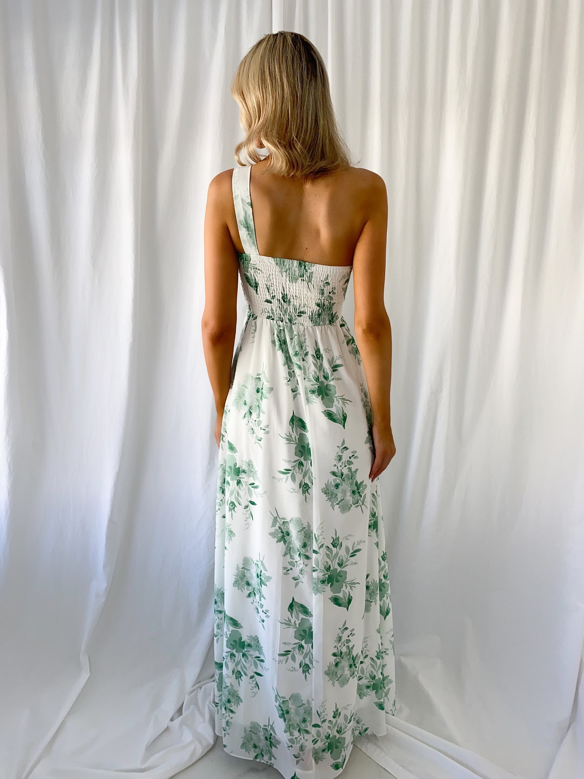 Stephanie One Shoulder Draped Top Floral Dress - Green mykindofdress Stephanie One Shoulder Draped Top Floral Dress - Green mykindofdress