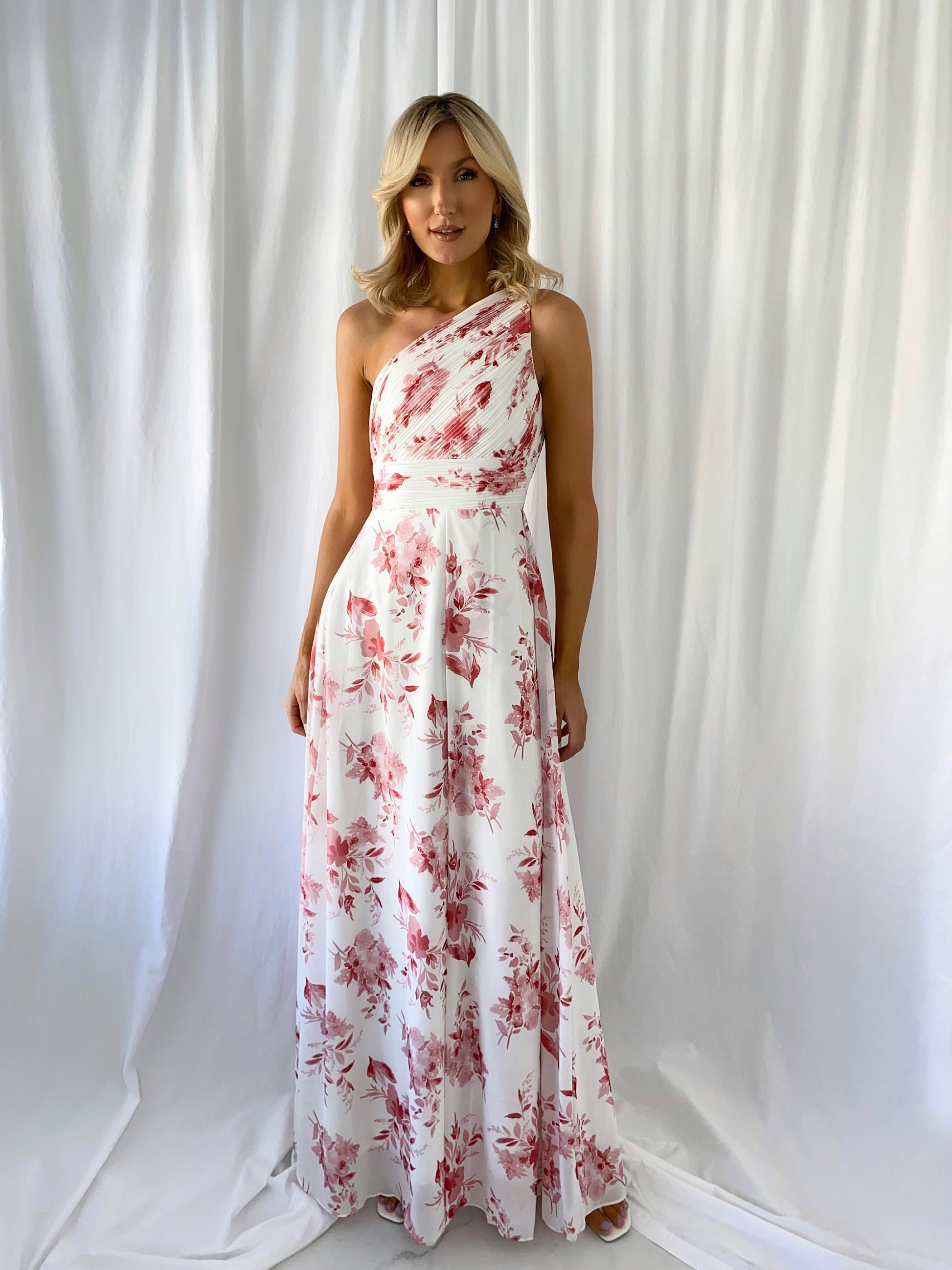 Stephanie One Shoulder Draped Top Floral Dress