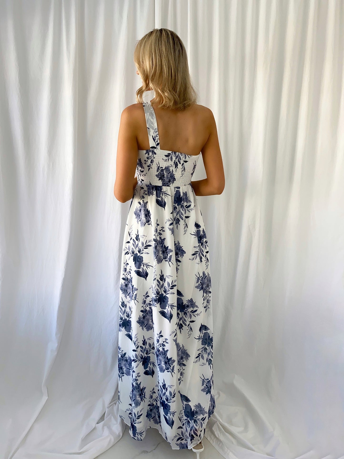 Stephanie One Shoulder Draped Top Floral Dress - Navy