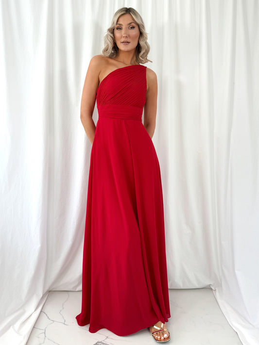 Tracy One Shoulder Draped Top Maxi Dress - Red