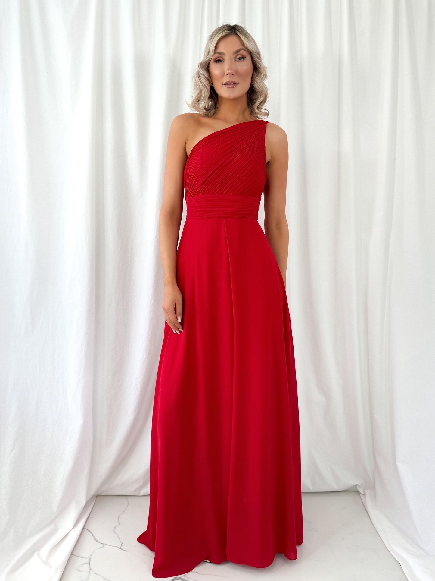 Tracy One Shoulder Draped Top Maxi Dress - Red