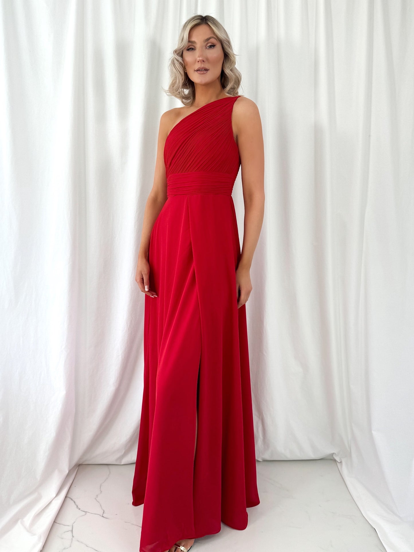 Tracy One Shoulder Draped Top Maxi Dress - Red