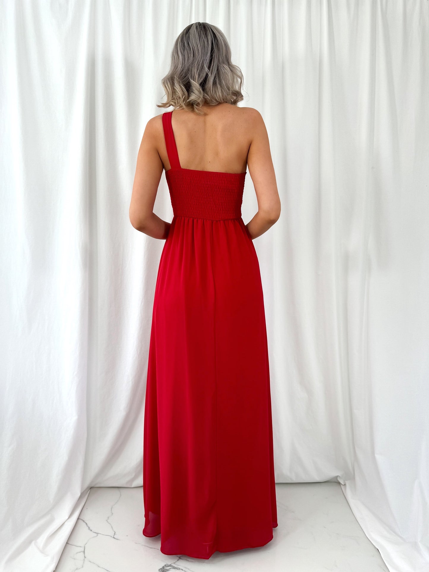 Tracy One Shoulder Draped Top Maxi Dress - Red