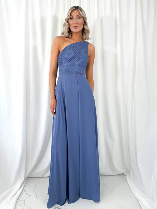 Tracy One Shoulder Draped Top Maxi Dress - Dusty Blue