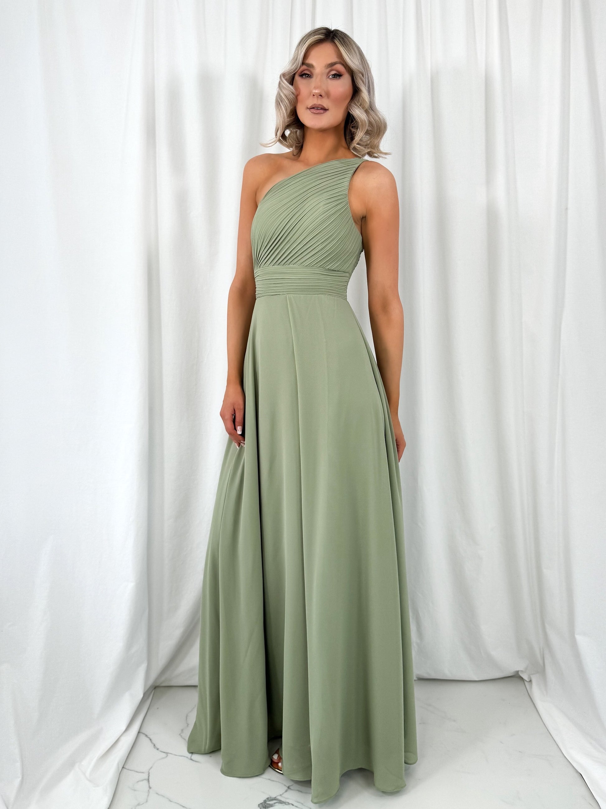 Tracy One Shoulder Draped Top Maxi Dress - Sage Green mykindofdress Tracy One Shoulder Draped Top Maxi Dress - Sage Green mykindofdress