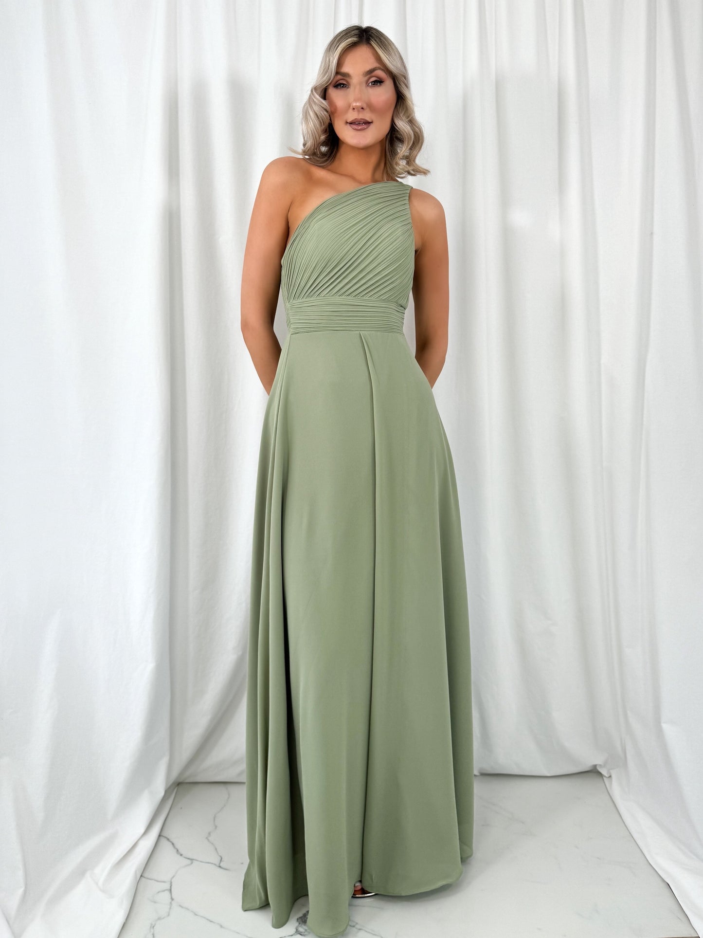 Tracy One Shoulder Draped Top Maxi Dress - Sage Green