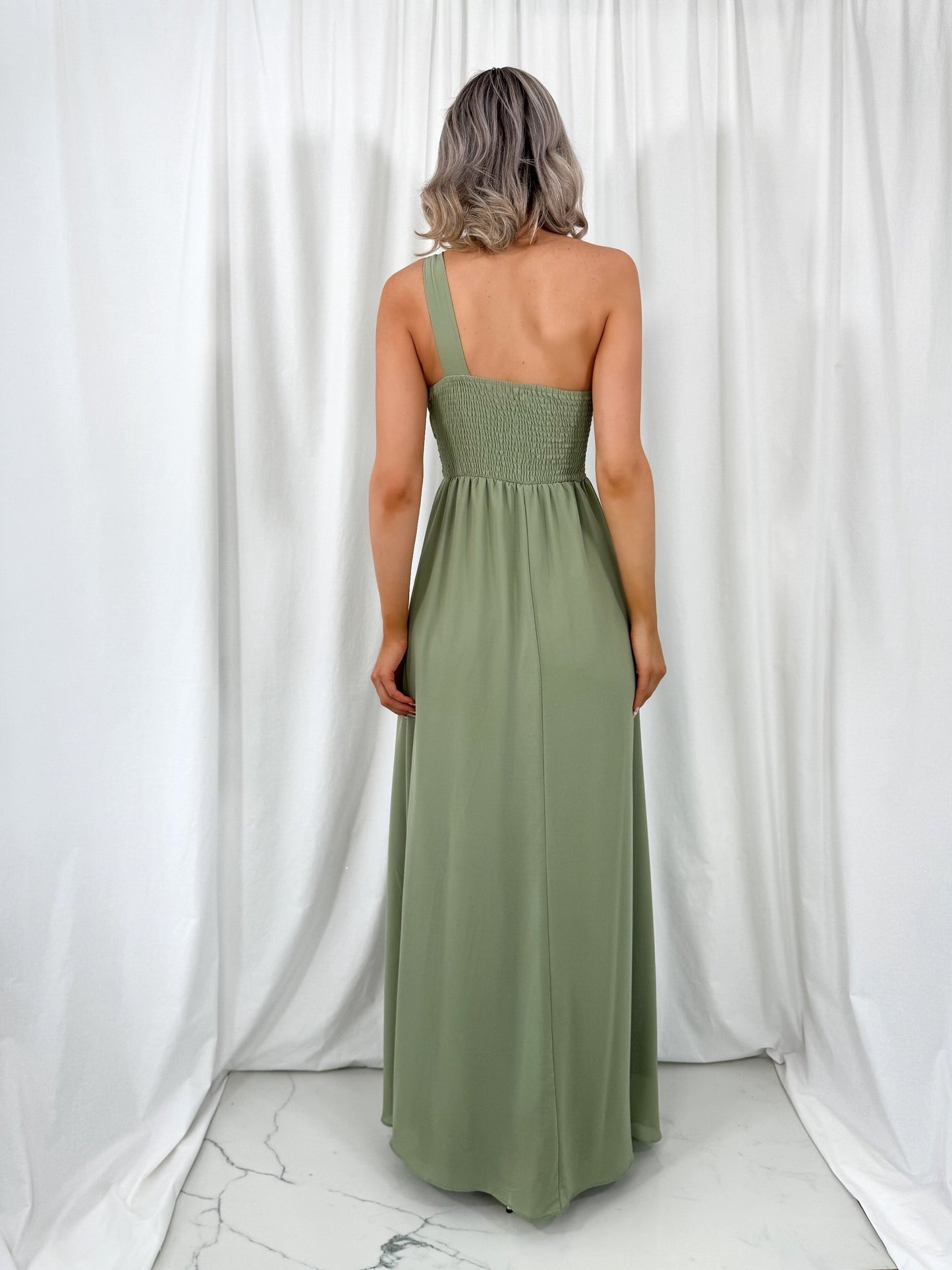 Tracy One Shoulder Draped Top Maxi Dress - Sage Green