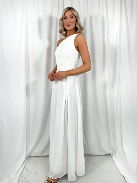 Tracy One Shoulder Draped Top Maxi Dress - White