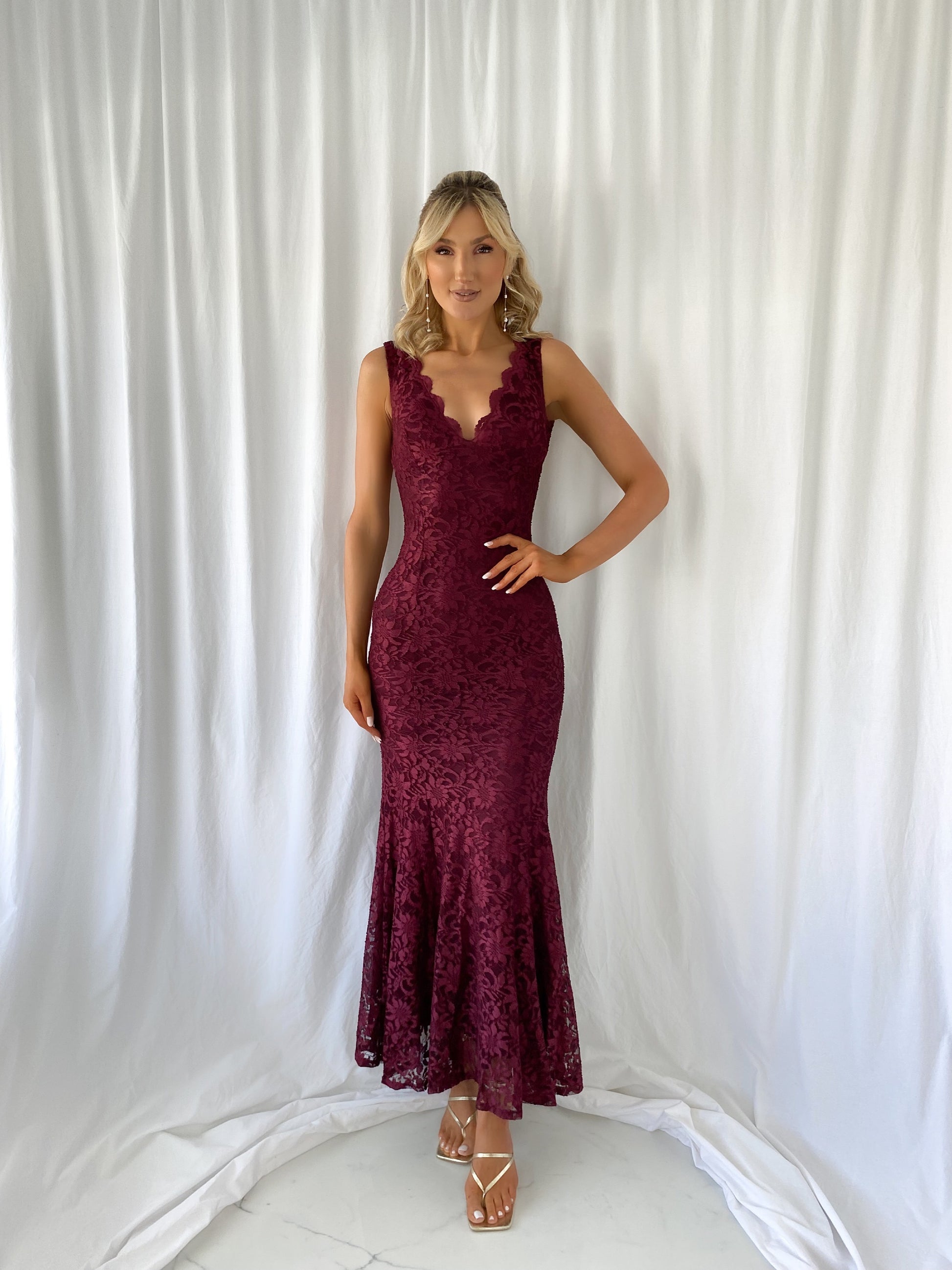 Raquel Embroidered Open Back Dress - Wine Raquel Embroidered Open Back Dress - Wine