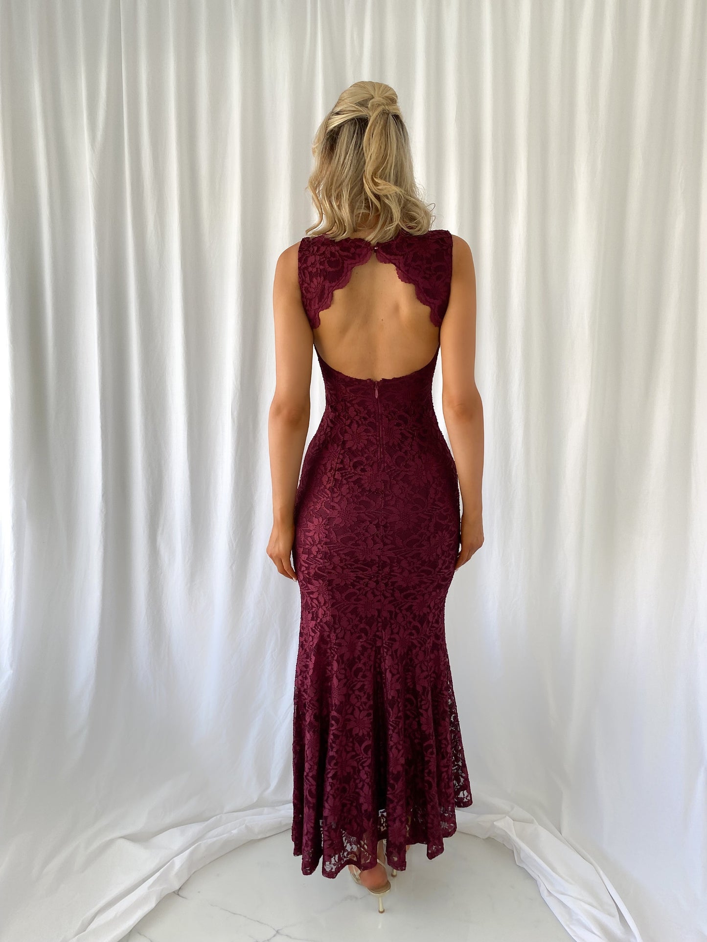 Raquel Embroidered Open Back Dress - Wine mykindofdress Raquel Embroidered Open Back Dress - Wine mykindofdress