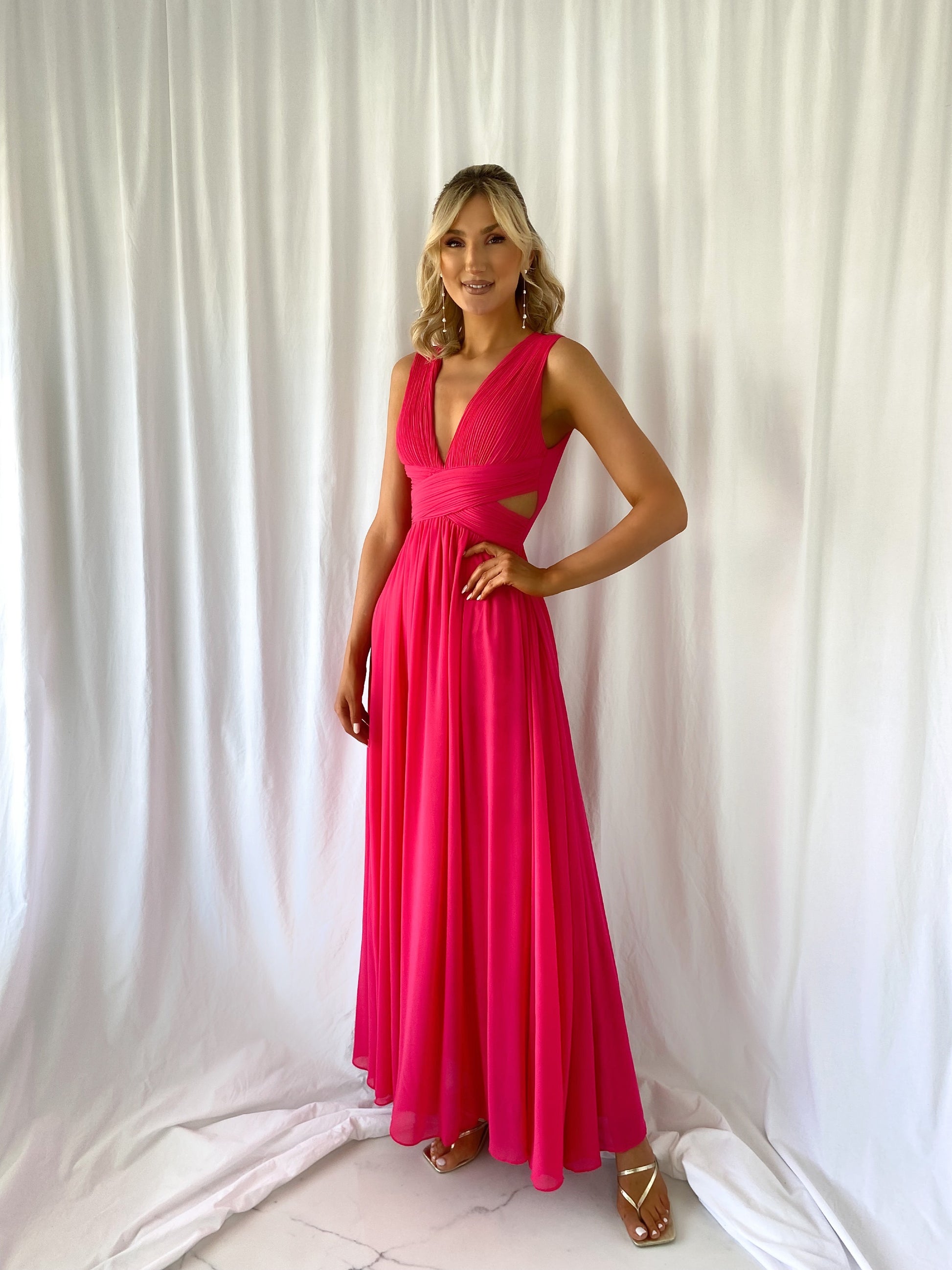 embellished cut out maxi dress in fuchsia Santiago Cut-Out Ruffle Maxi Dress Fuchsia