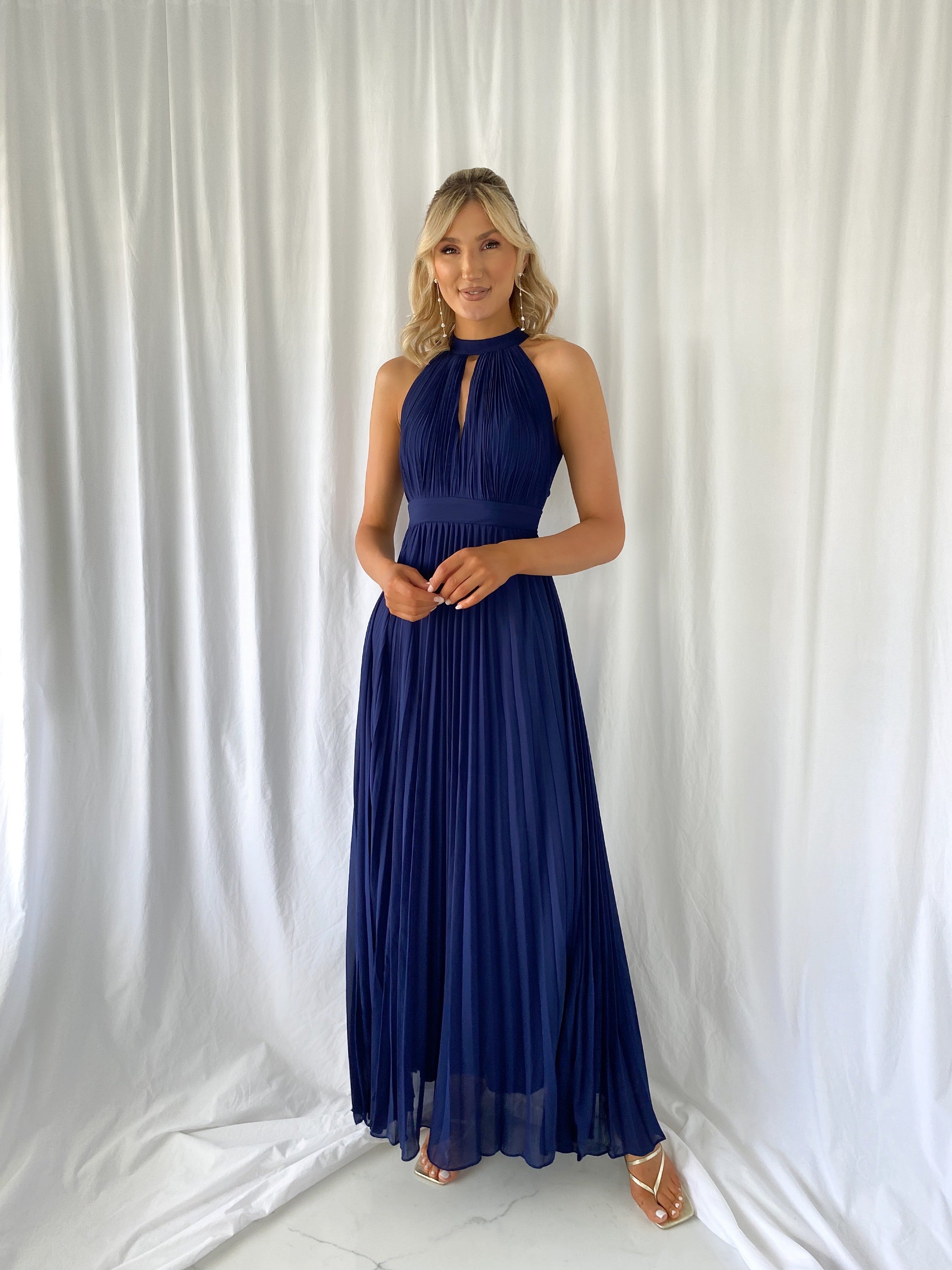 Navy pleated hot sale maxi dress